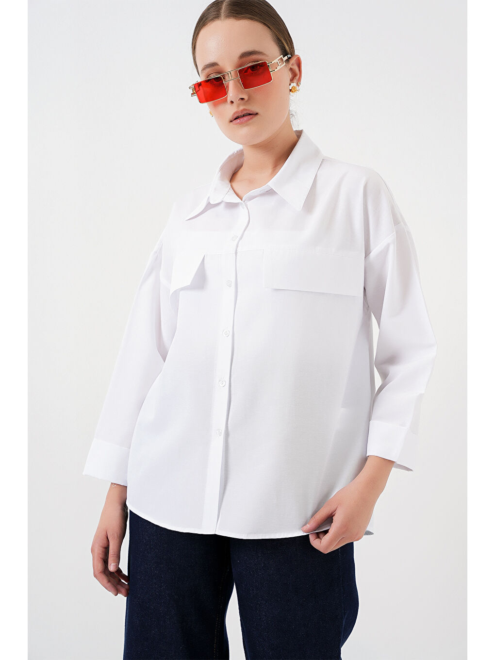 Kadın Cep Detaylı Oversize Gömlek 20313 - Beyaz-3