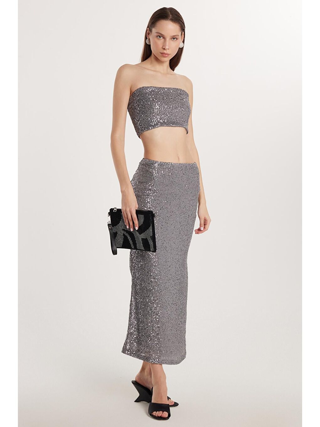 Kadın Slim Fit Simli Uzun Düz Gri Etek-3