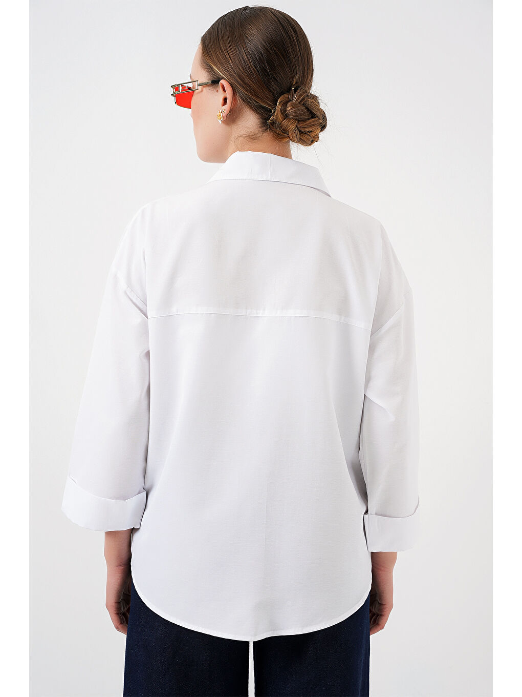 Kadın Cep Detaylı Oversize Gömlek 20313 - Beyaz-5