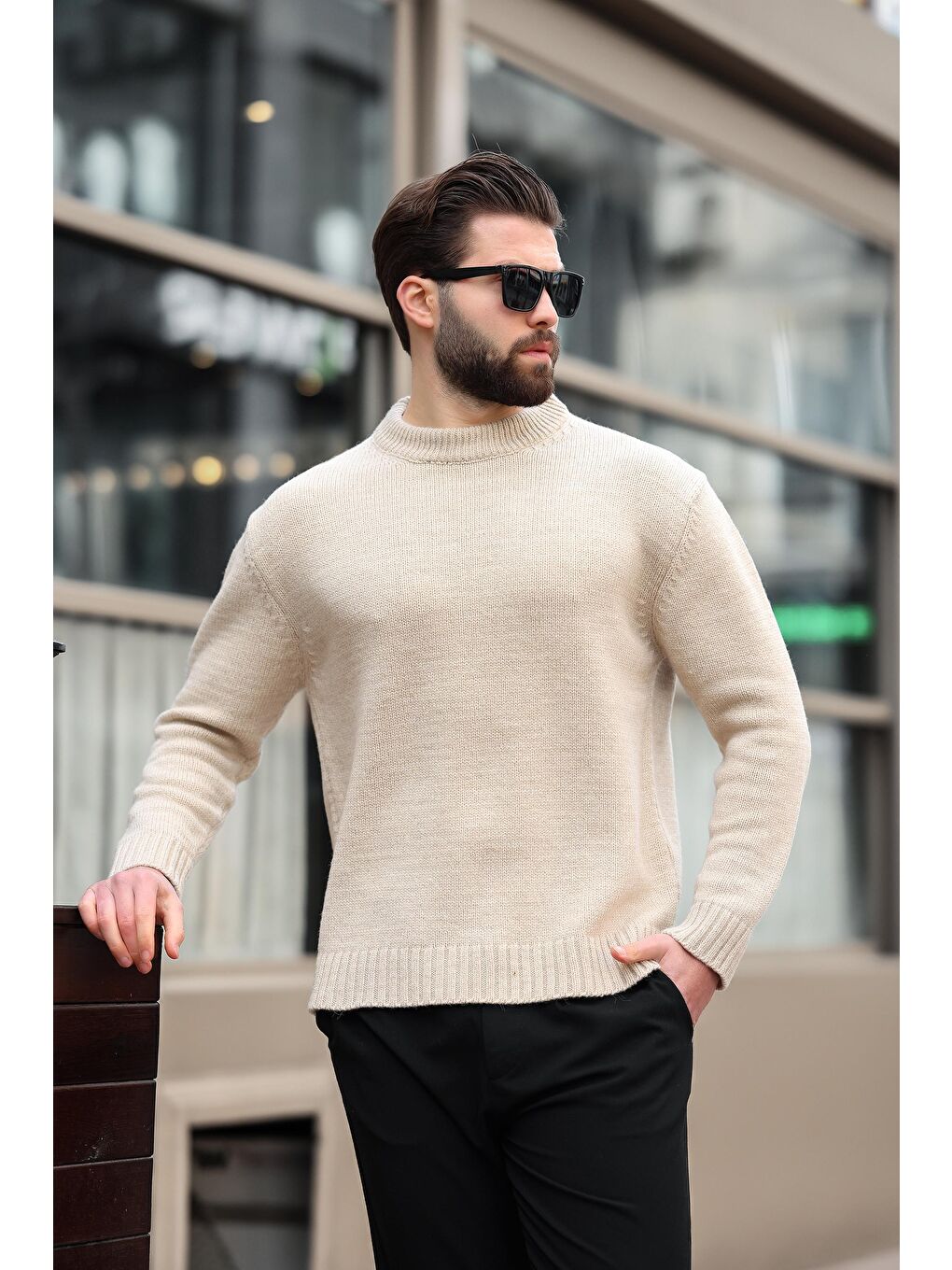 Bej Bisiklet Yaka Overfit Erkek Triko Kazak E7402-6