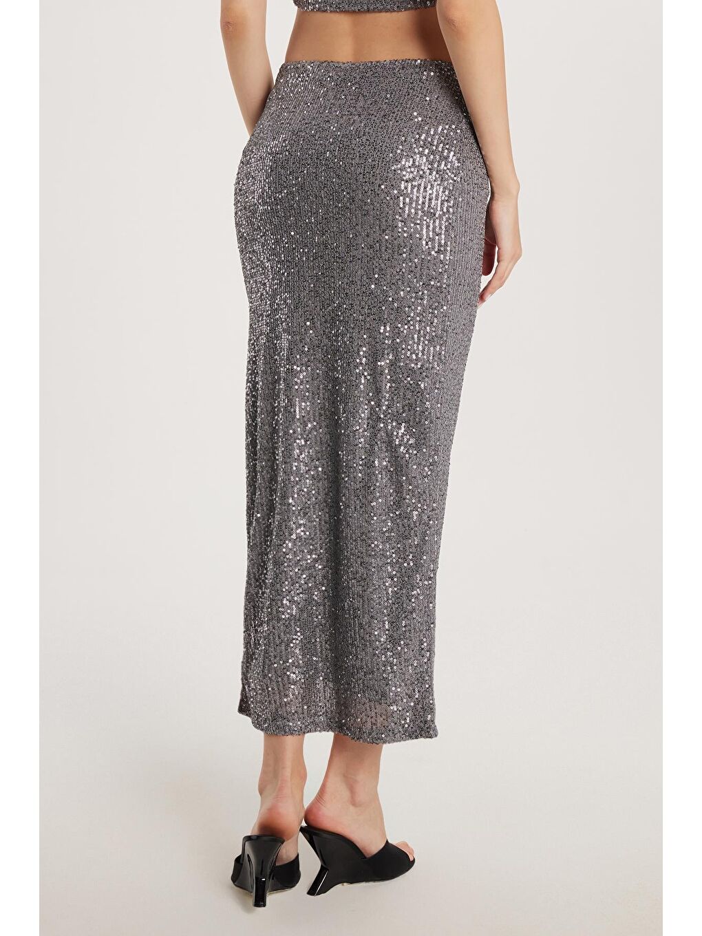 Kadın Slim Fit Simli Uzun Düz Gri Etek-4
