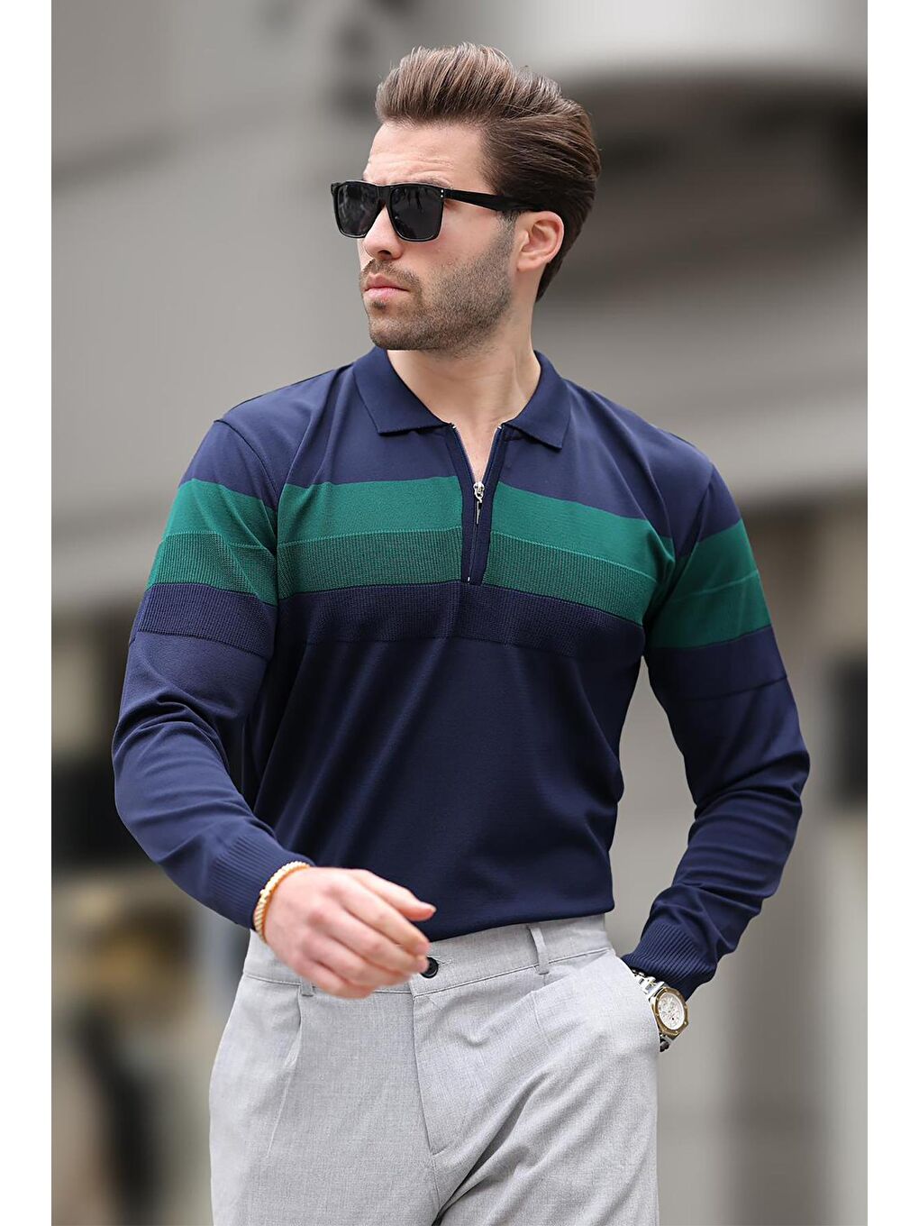 Lacivert Fermuarlı Polo Yaka Çizgili Uzun Kollu Kazak E7288-2