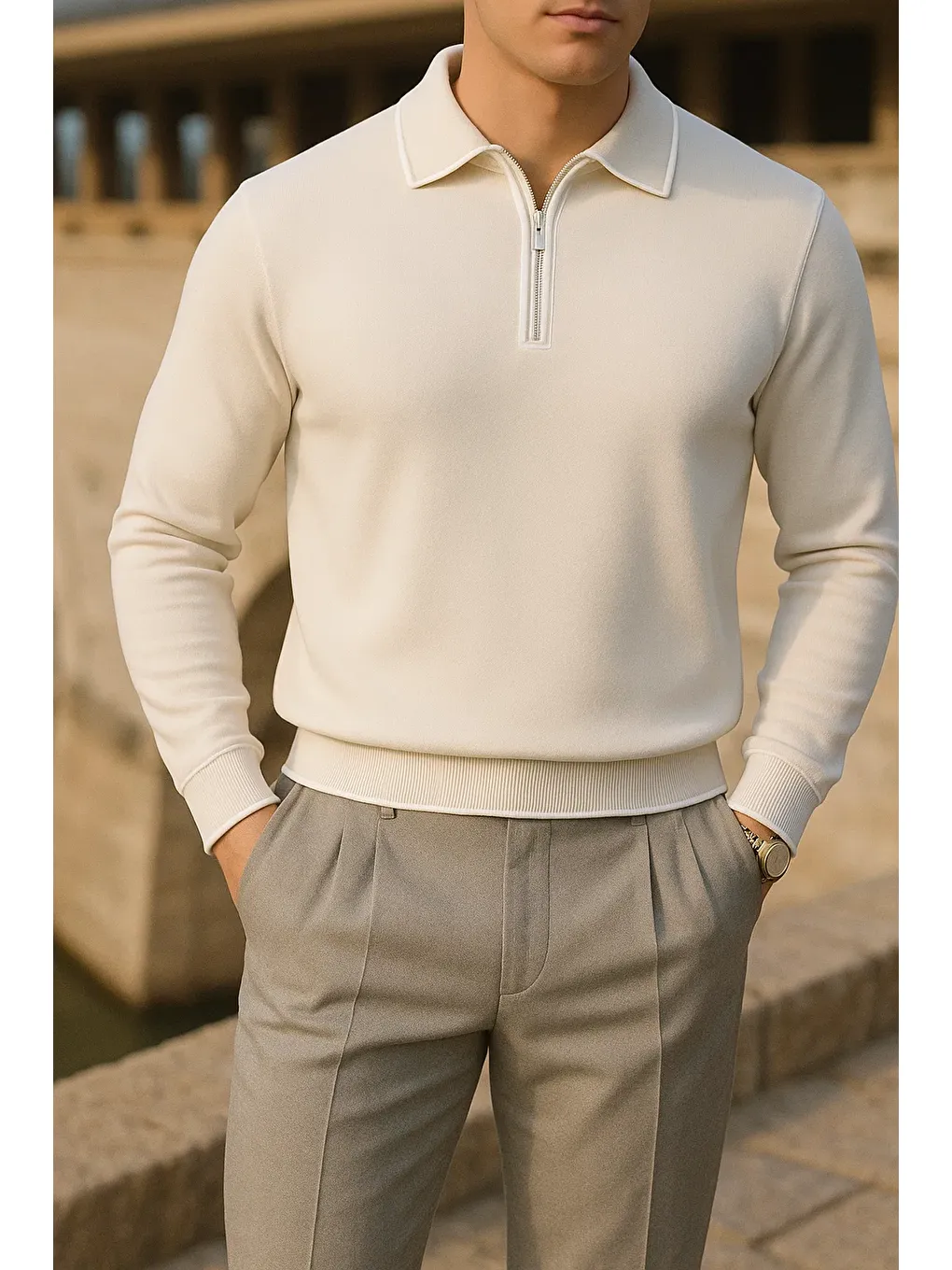 Ekru Erkek Çizgili Trend Uzun Kollu Krem Polo Yaka Kazak-1