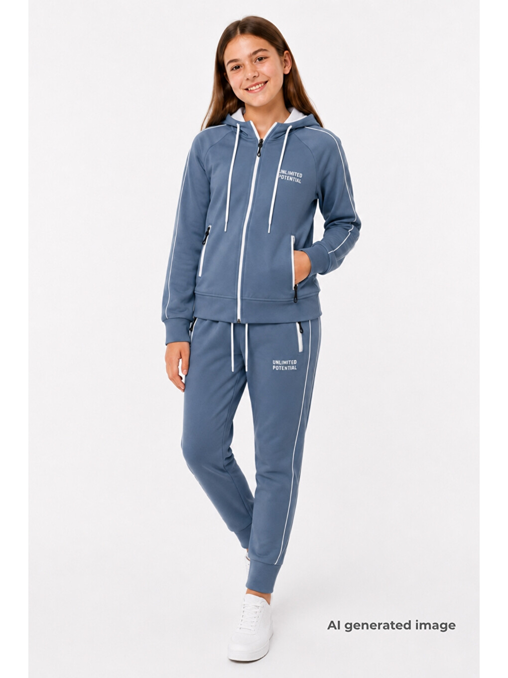 İndigo Kız Çocuk Scuba Unlimited Çift Şeritli Kapüşonlu Reglan Kol Dalgıç Kumaş Eşofman Takımı Esf7023-1