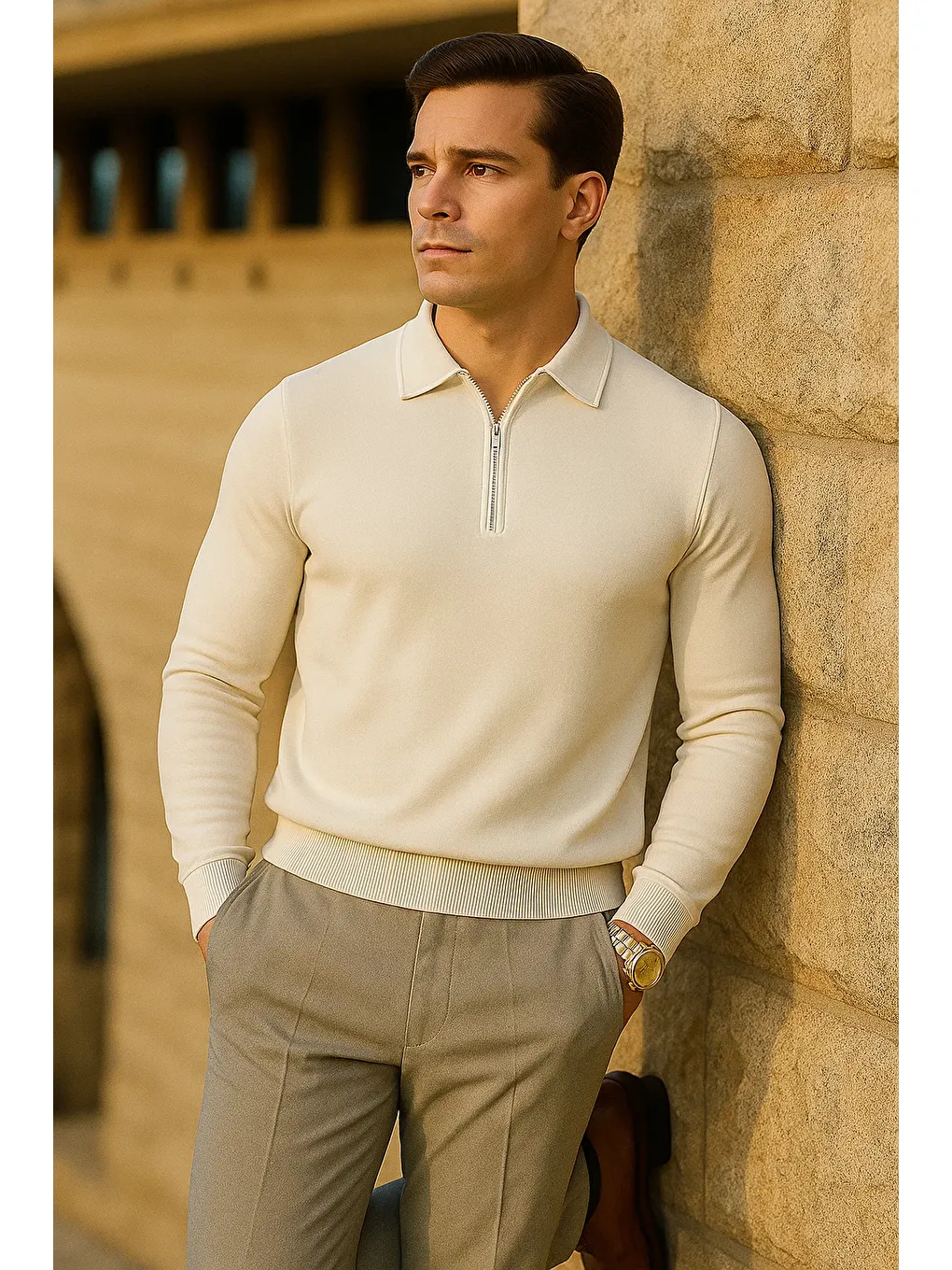 Ekru Erkek Çizgili Trend Uzun Kollu Krem Polo Yaka Kazak-2