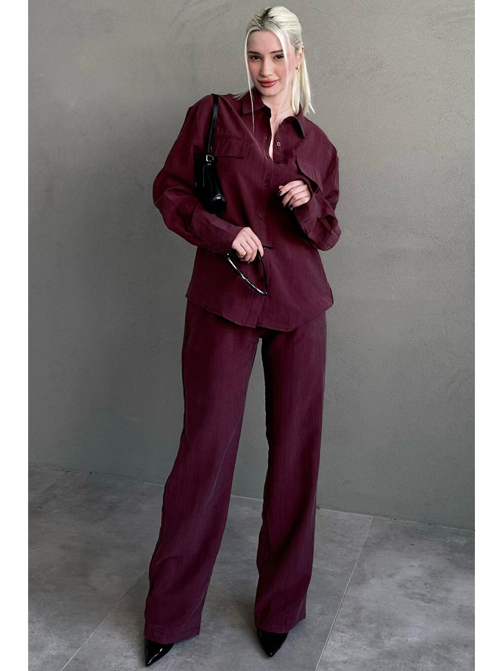 Bordo Kumaş Düğmeli Kadın Gömlek Takım Mg2621-2