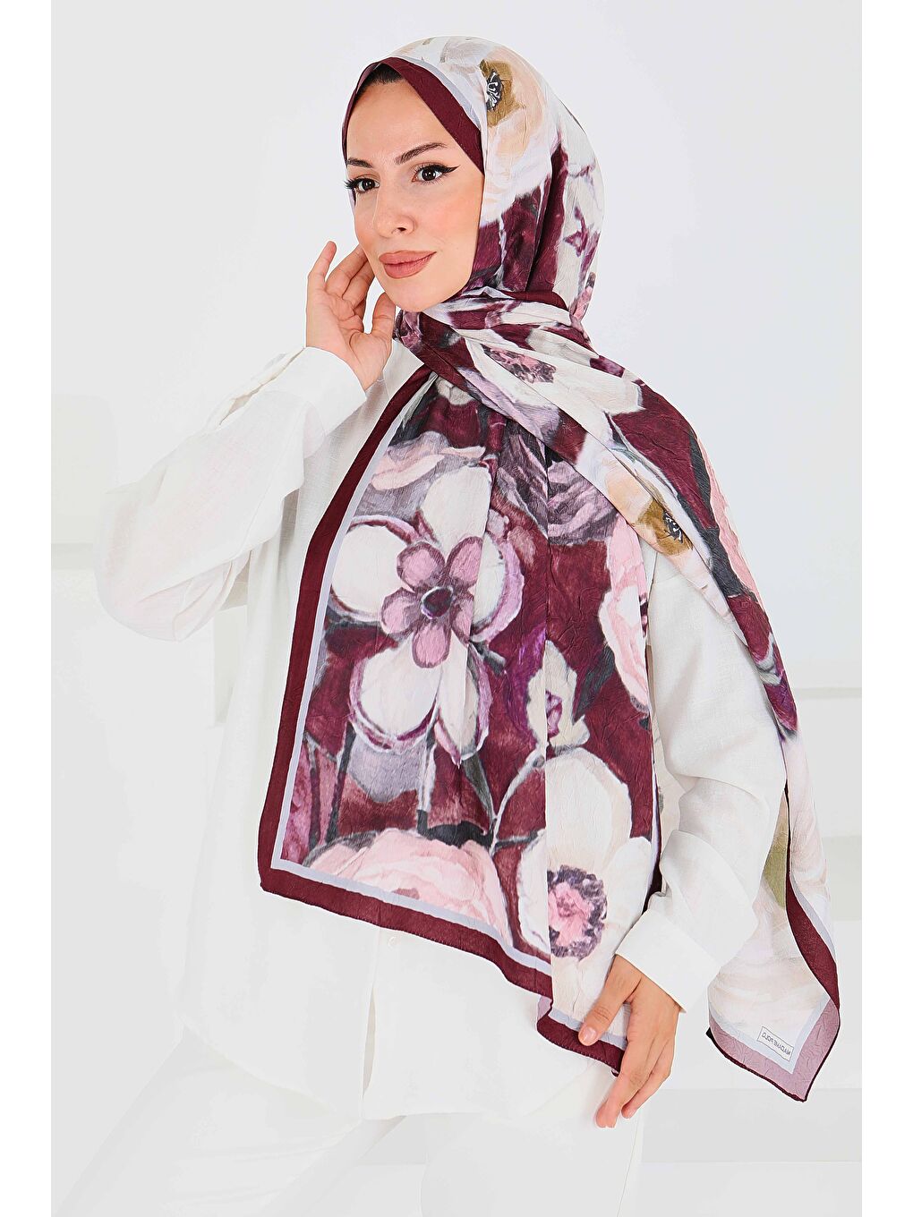 Desenli Bambu Kare Şal Mürdüm - 27523