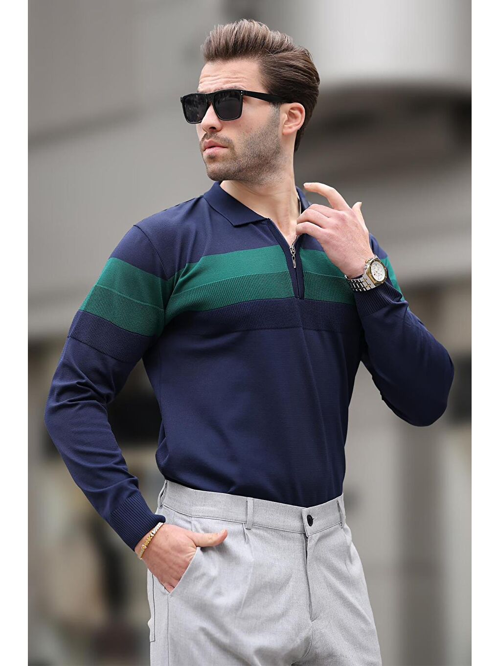 Lacivert Fermuarlı Polo Yaka Çizgili Uzun Kollu Kazak E7288-3