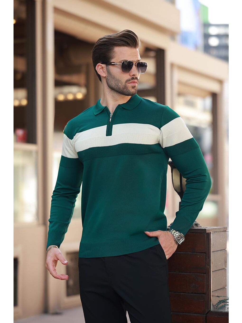 Yeşil Fermuarlı Polo Yaka Çizgili Uzun Kollu Kazak E7288