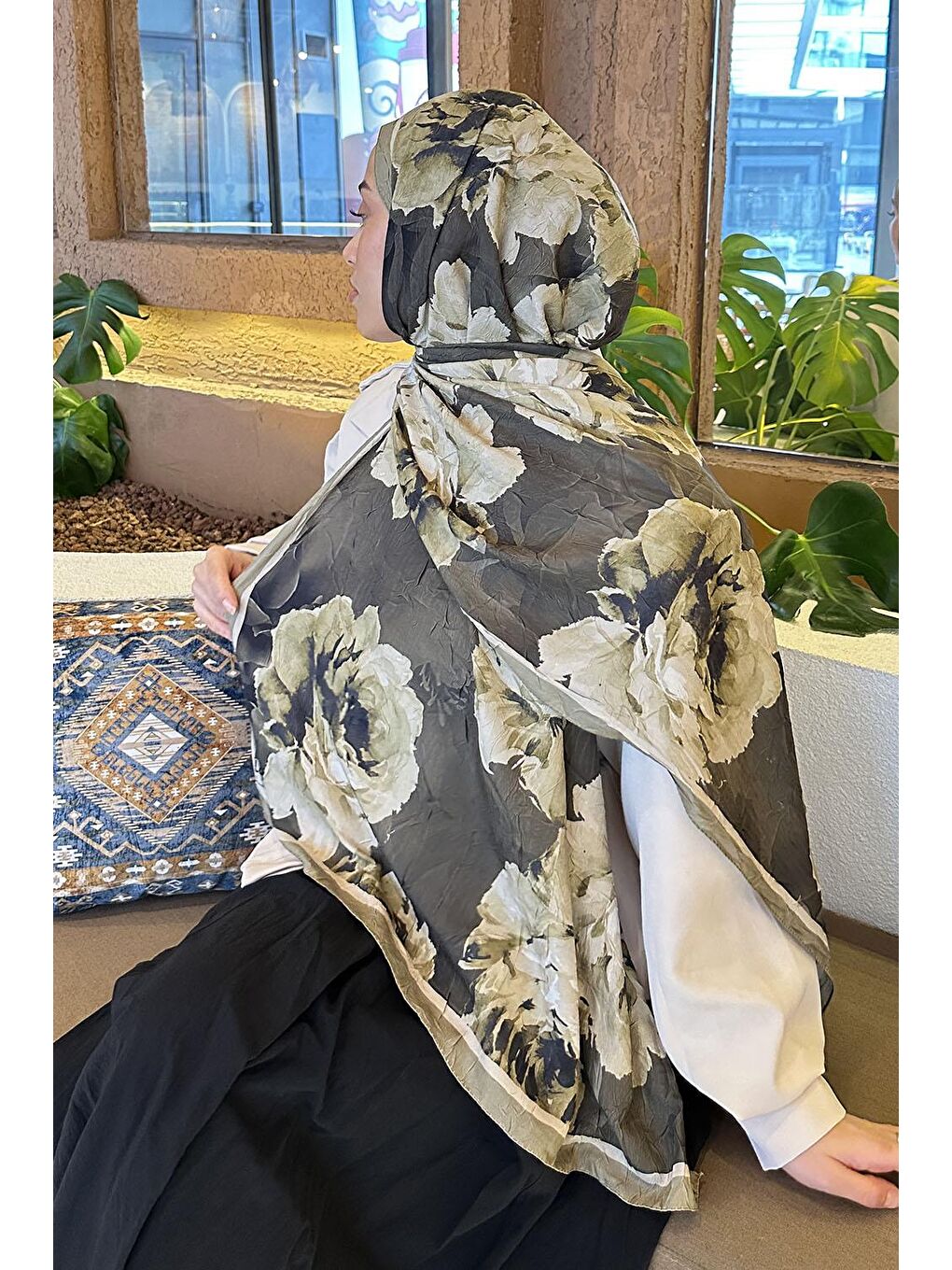 Flower Desen Bambu Şal Asker Yeşili-2