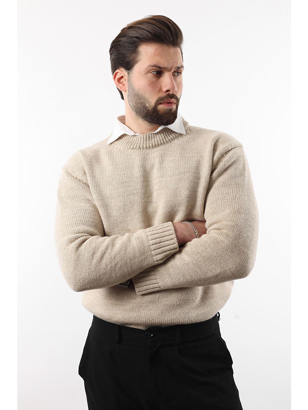 Bej Bisiklet Yaka Overfit Erkek Triko Kazak E7402-7