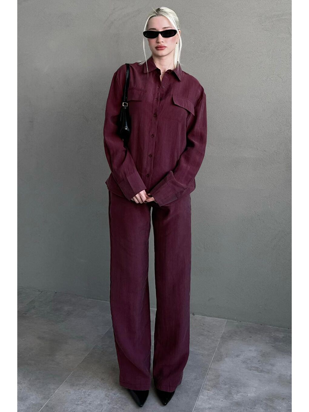 Bordo Kumaş Düğmeli Kadın Gömlek Takım Mg2621-3