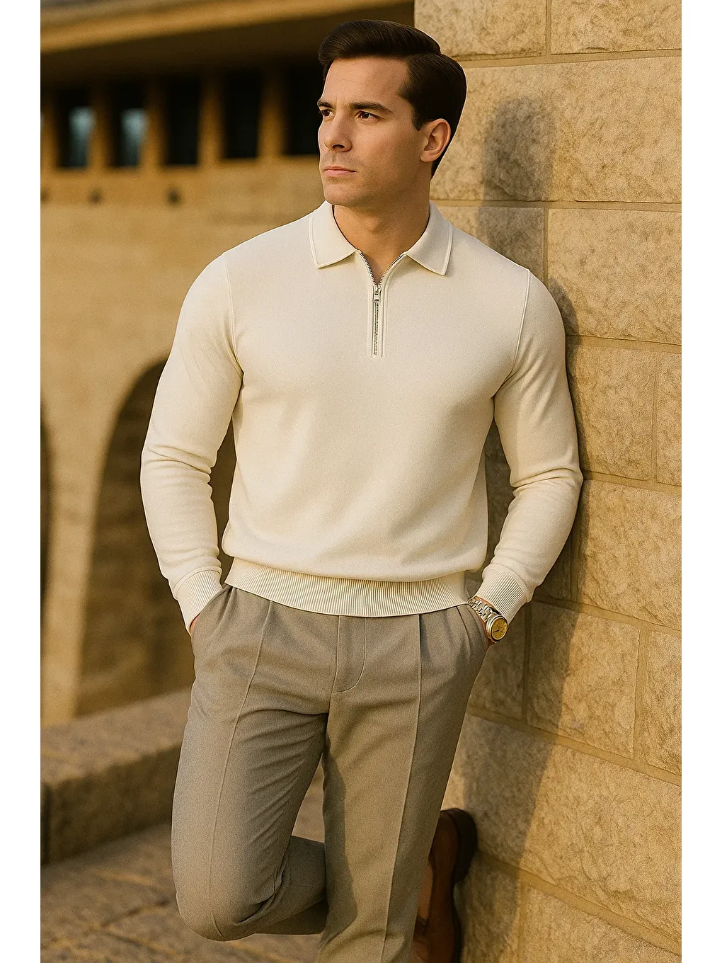 Ekru Erkek Çizgili Trend Uzun Kollu Krem Polo Yaka Kazak-3