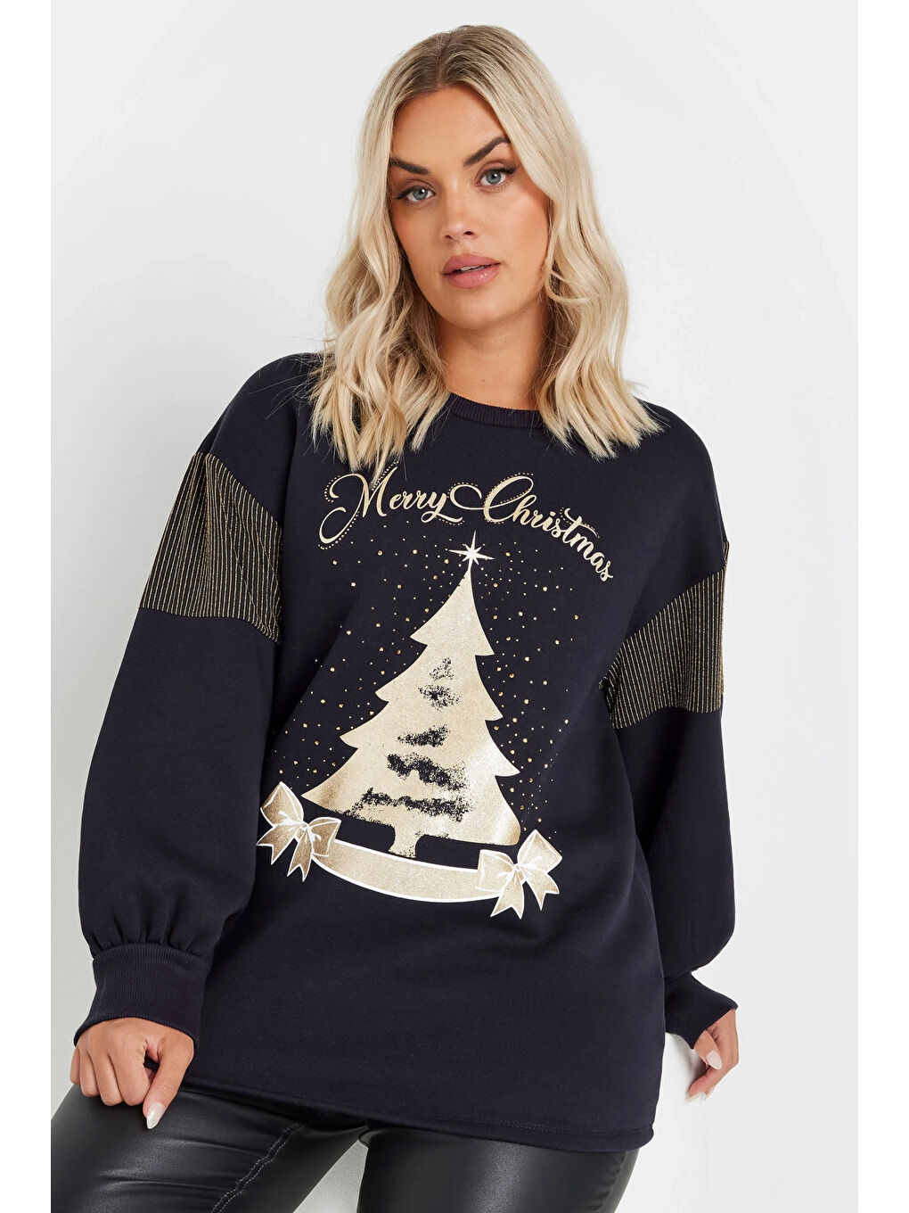 Lacivert Büyük Beden Yılbaşı Temalı Bisiklet Yaka Uzun Balon Kollu Sweatshirt 303750