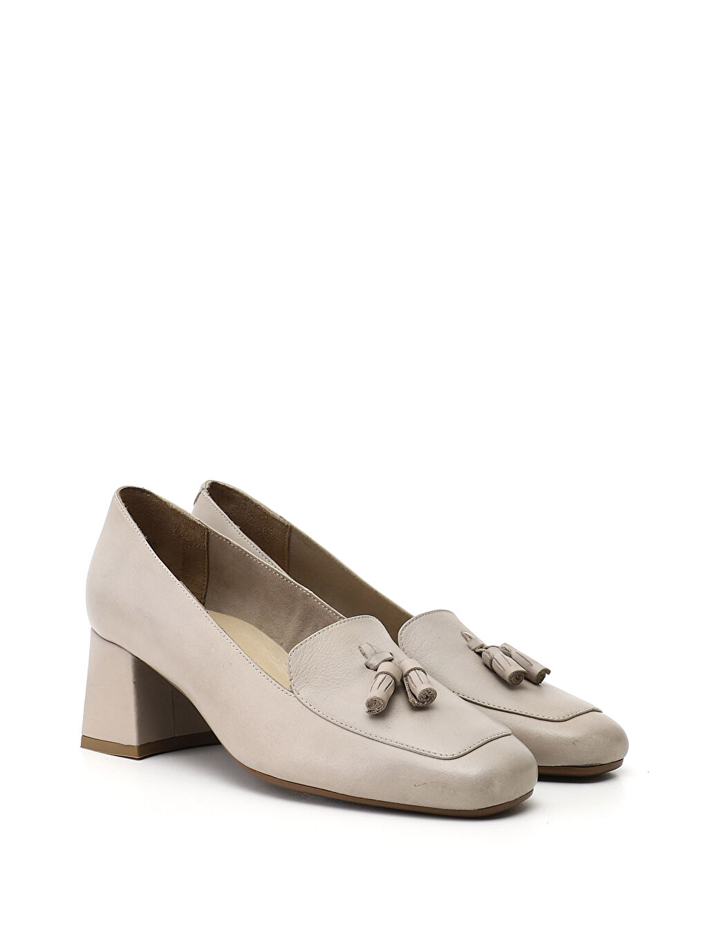 Bej Kadın AÇIK BEJ Küt Burun Kalın Topuklu Hakiki Deri Ayakkabı-1