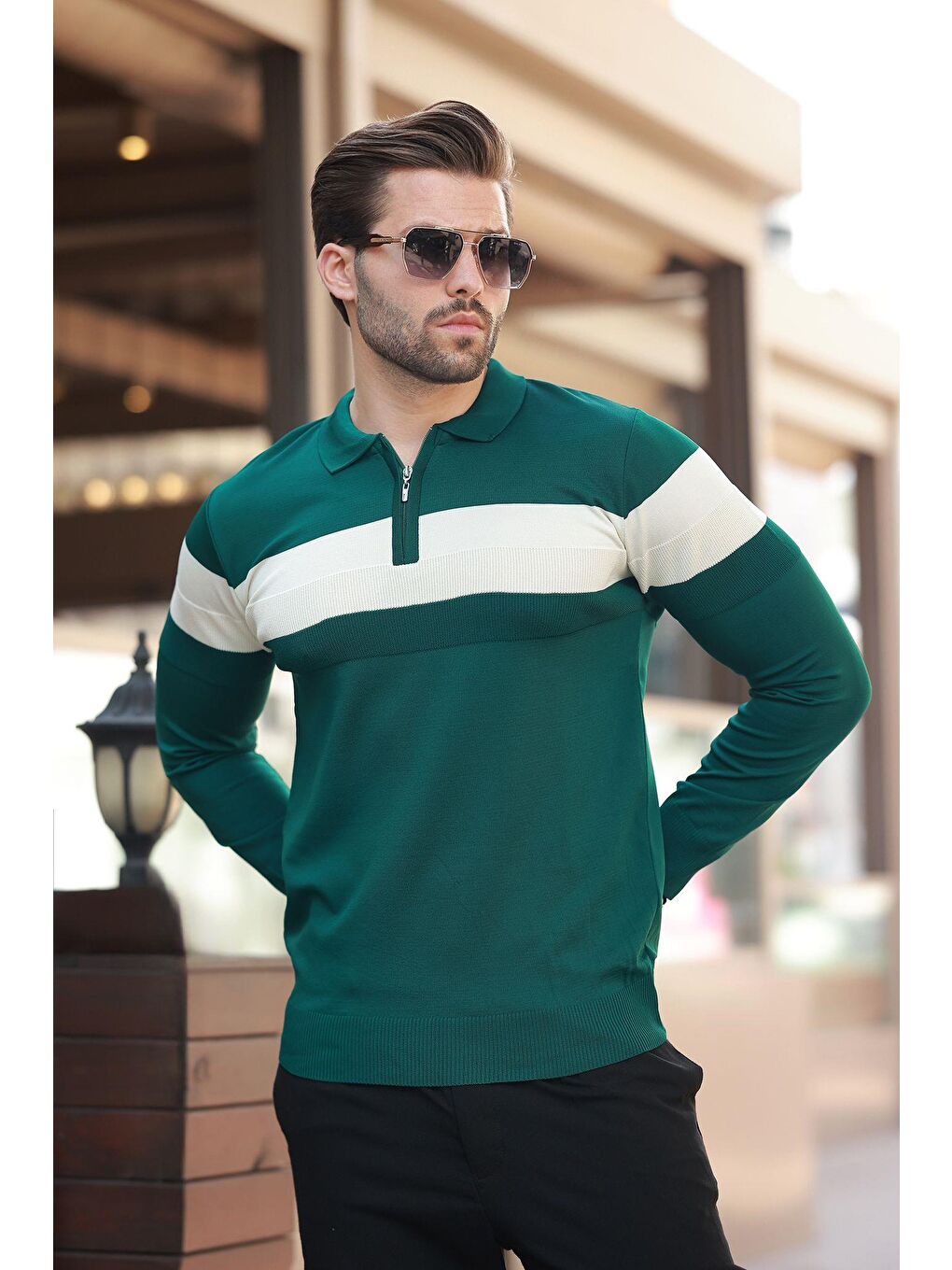 Yeşil Fermuarlı Polo Yaka Çizgili Uzun Kollu Kazak E7288-1