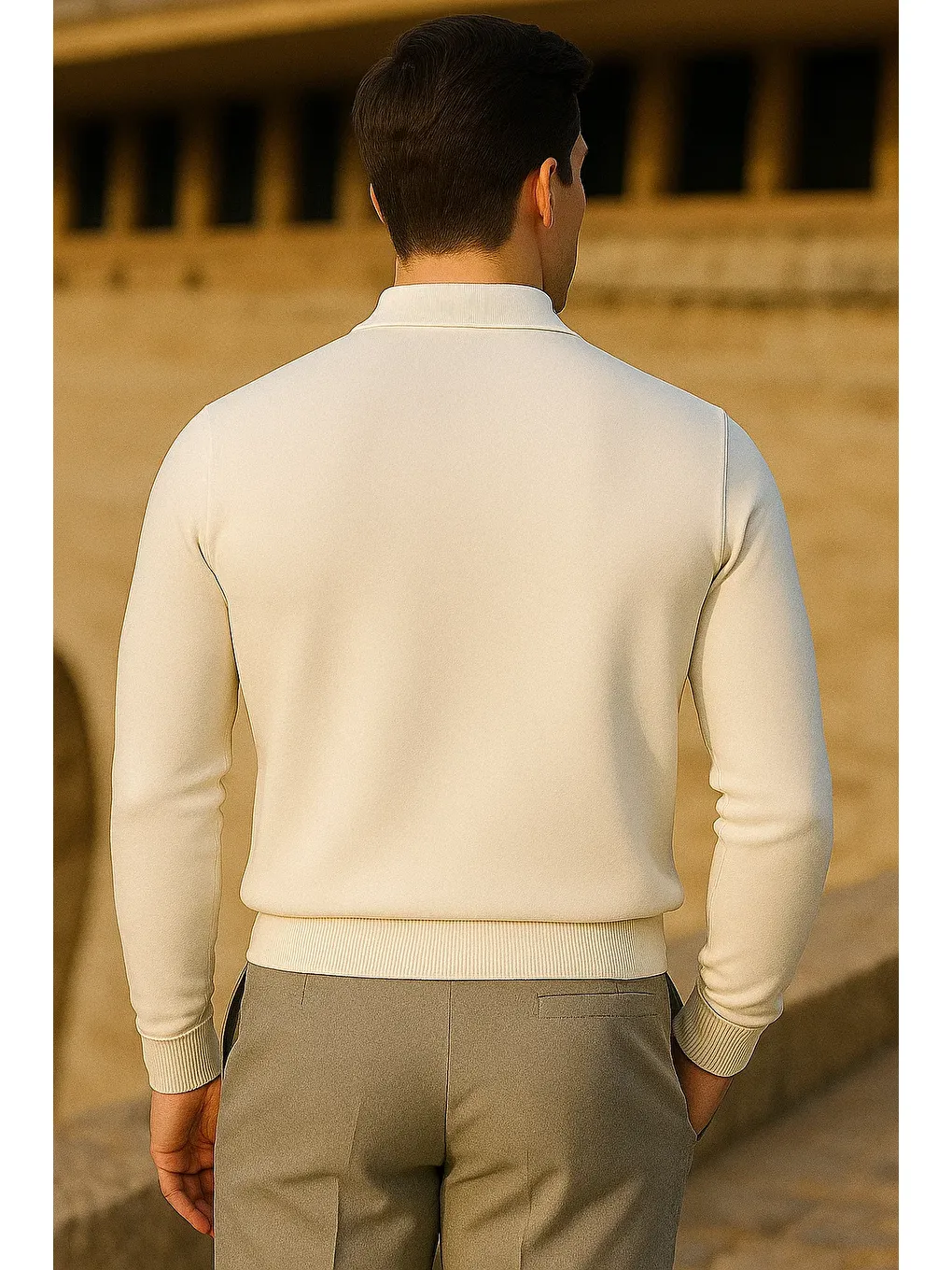 Ekru Erkek Çizgili Trend Uzun Kollu Krem Polo Yaka Kazak-4