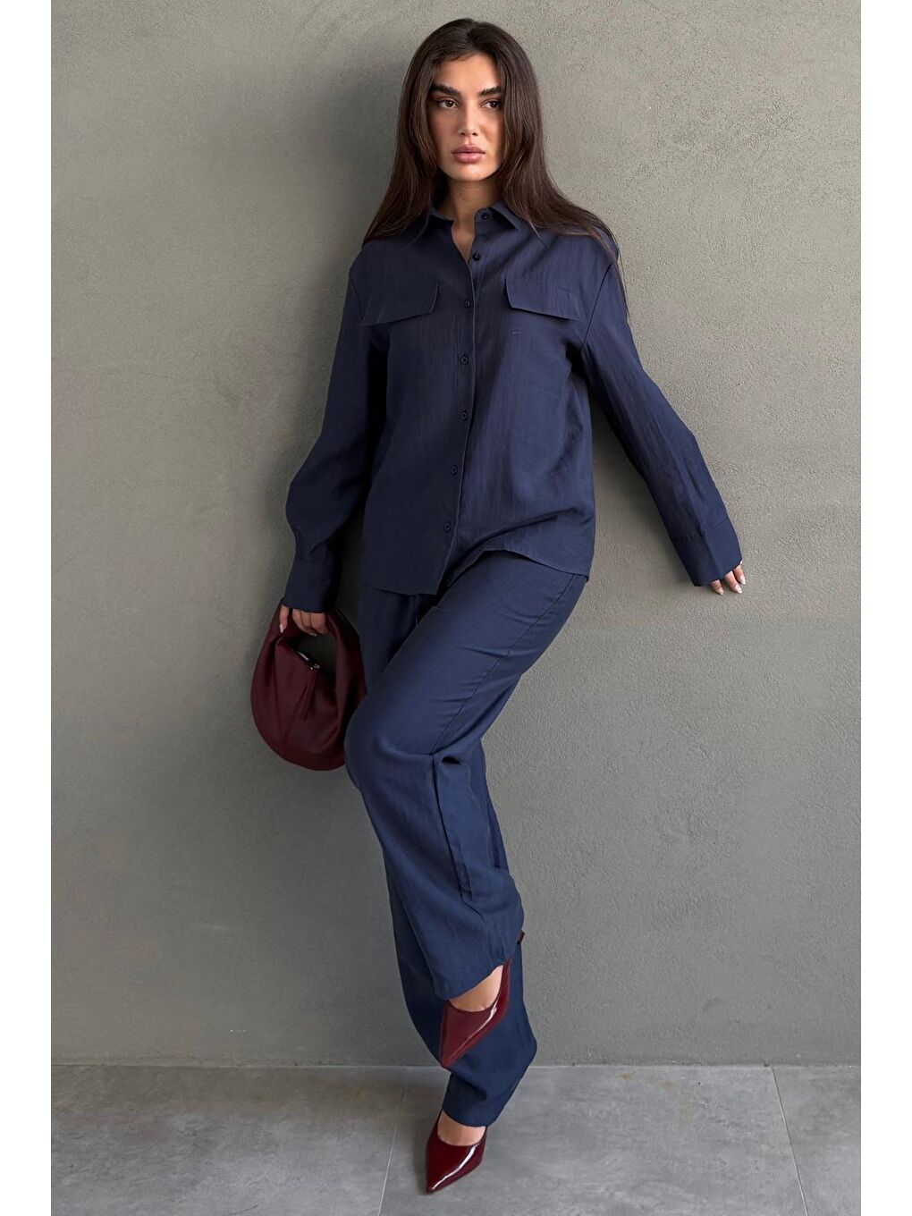 Lacivert Kumaş Düğmeli Kadın Gömlek Takım Mg2621-2