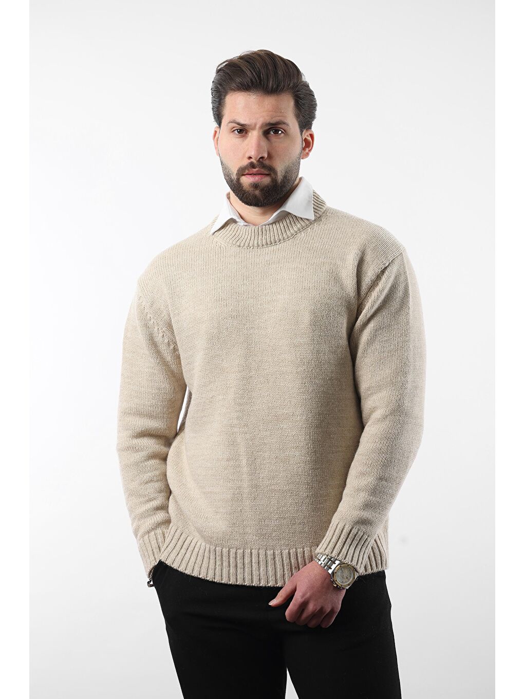 Bej Bisiklet Yaka Overfit Erkek Triko Kazak E7402-8