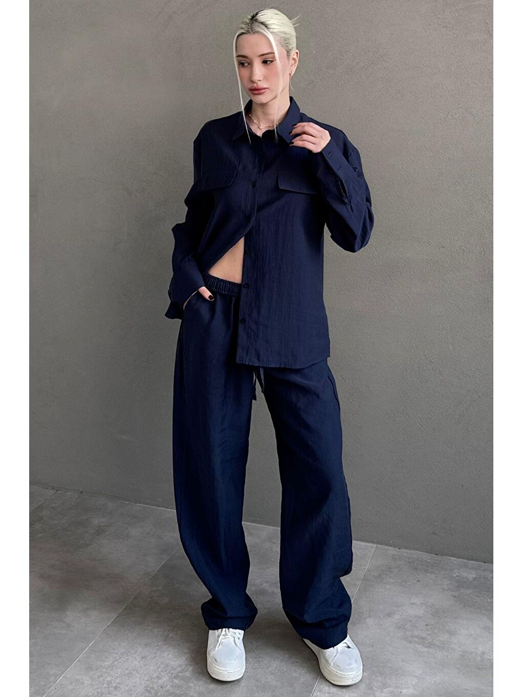 Lacivert Kumaş Düğmeli Kadın Gömlek Takım Mg2621-3