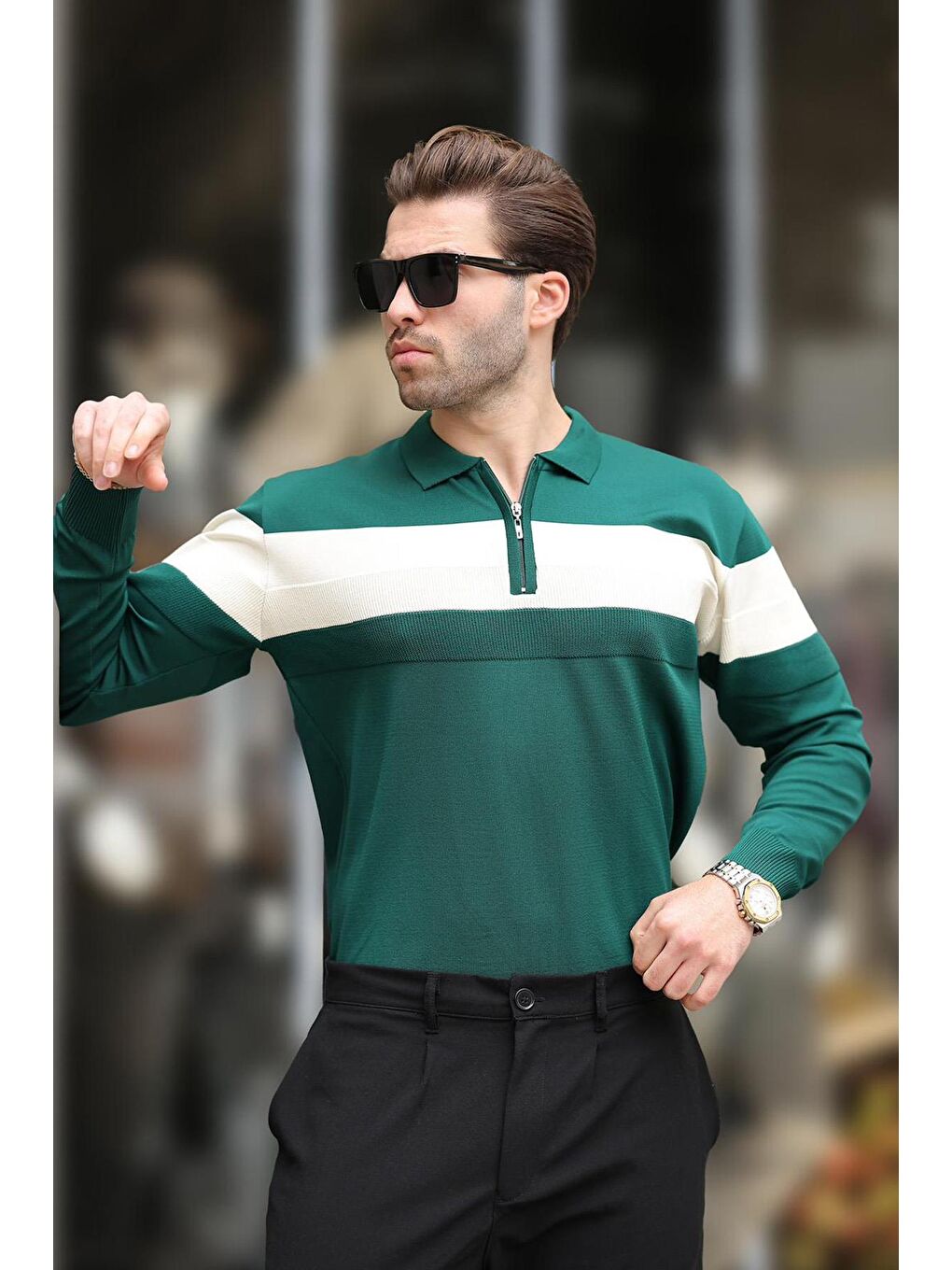 Yeşil Fermuarlı Polo Yaka Çizgili Uzun Kollu Kazak E7288-2