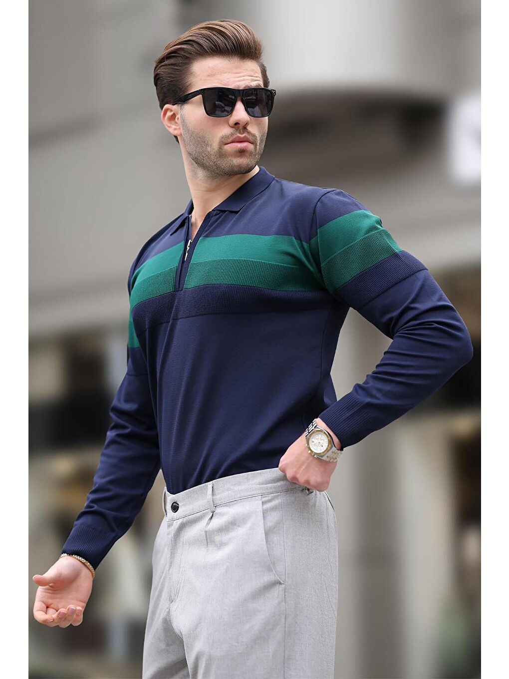 Lacivert Fermuarlı Polo Yaka Çizgili Uzun Kollu Kazak E7288-5