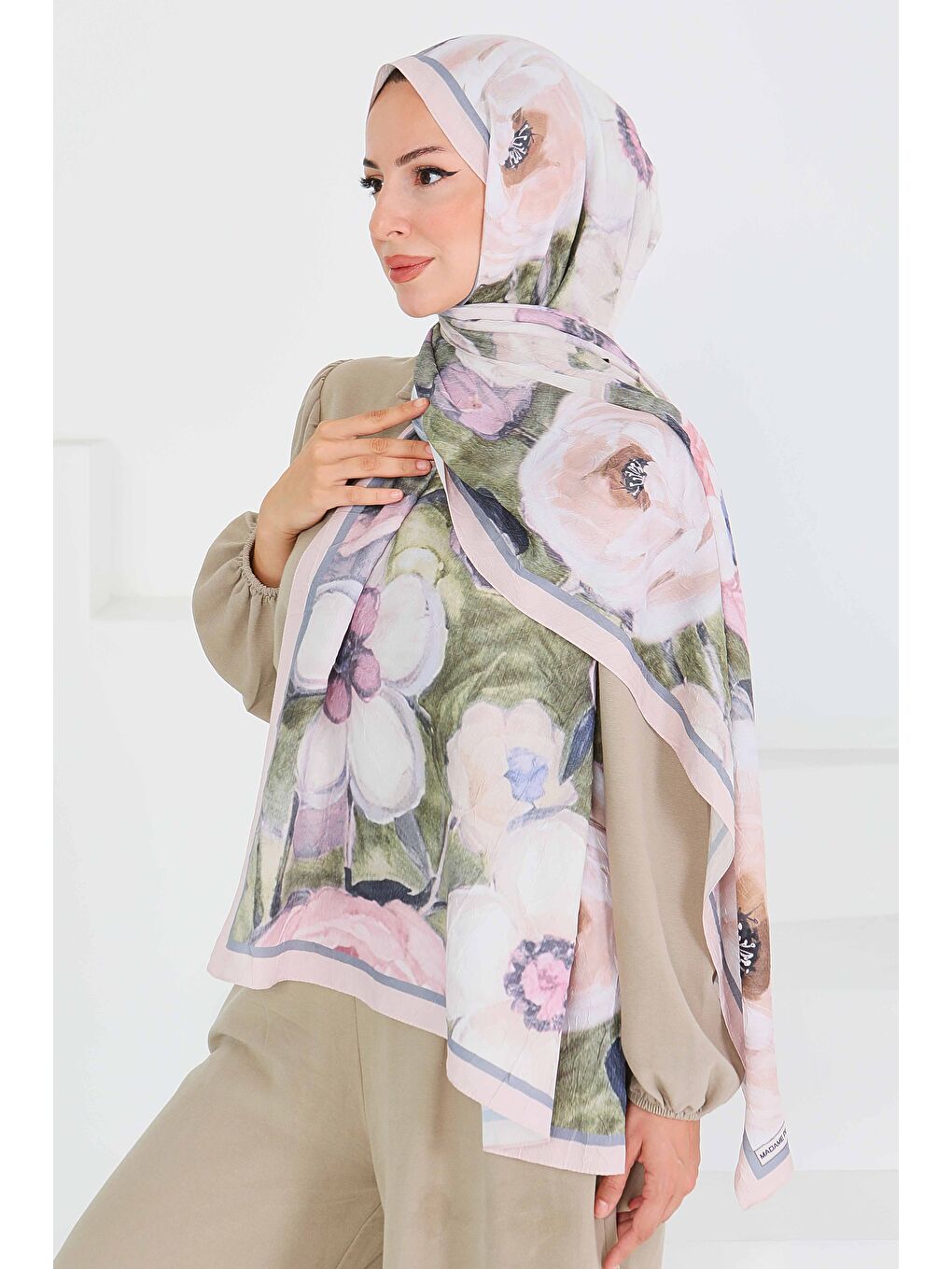 Desenli Bambu Kare Şal Bej - 27523-3