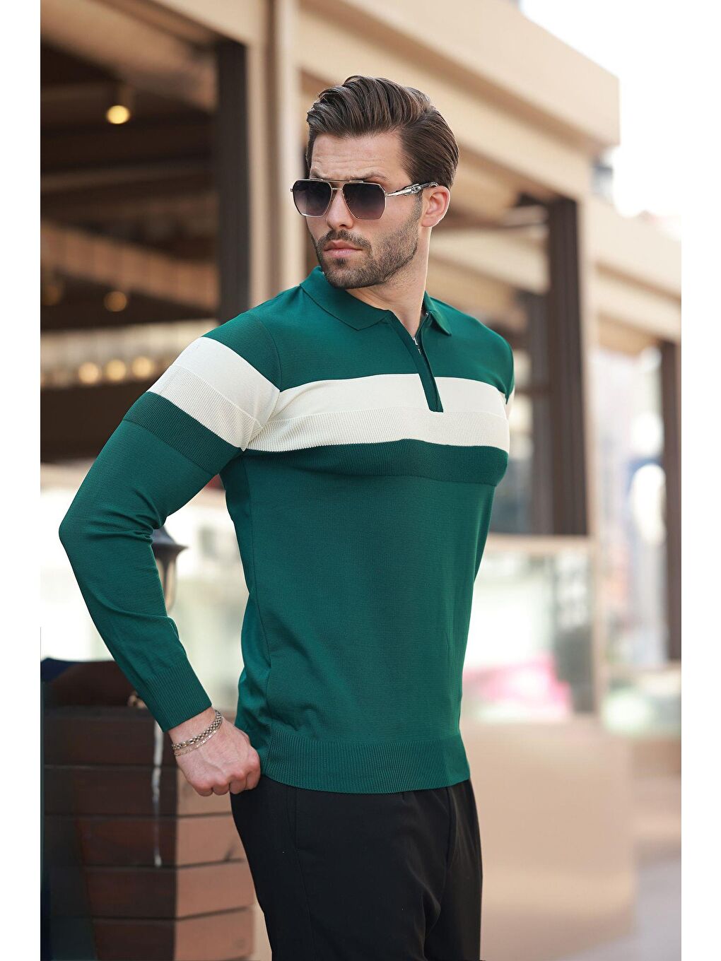 Yeşil Fermuarlı Polo Yaka Çizgili Uzun Kollu Kazak E7288-3