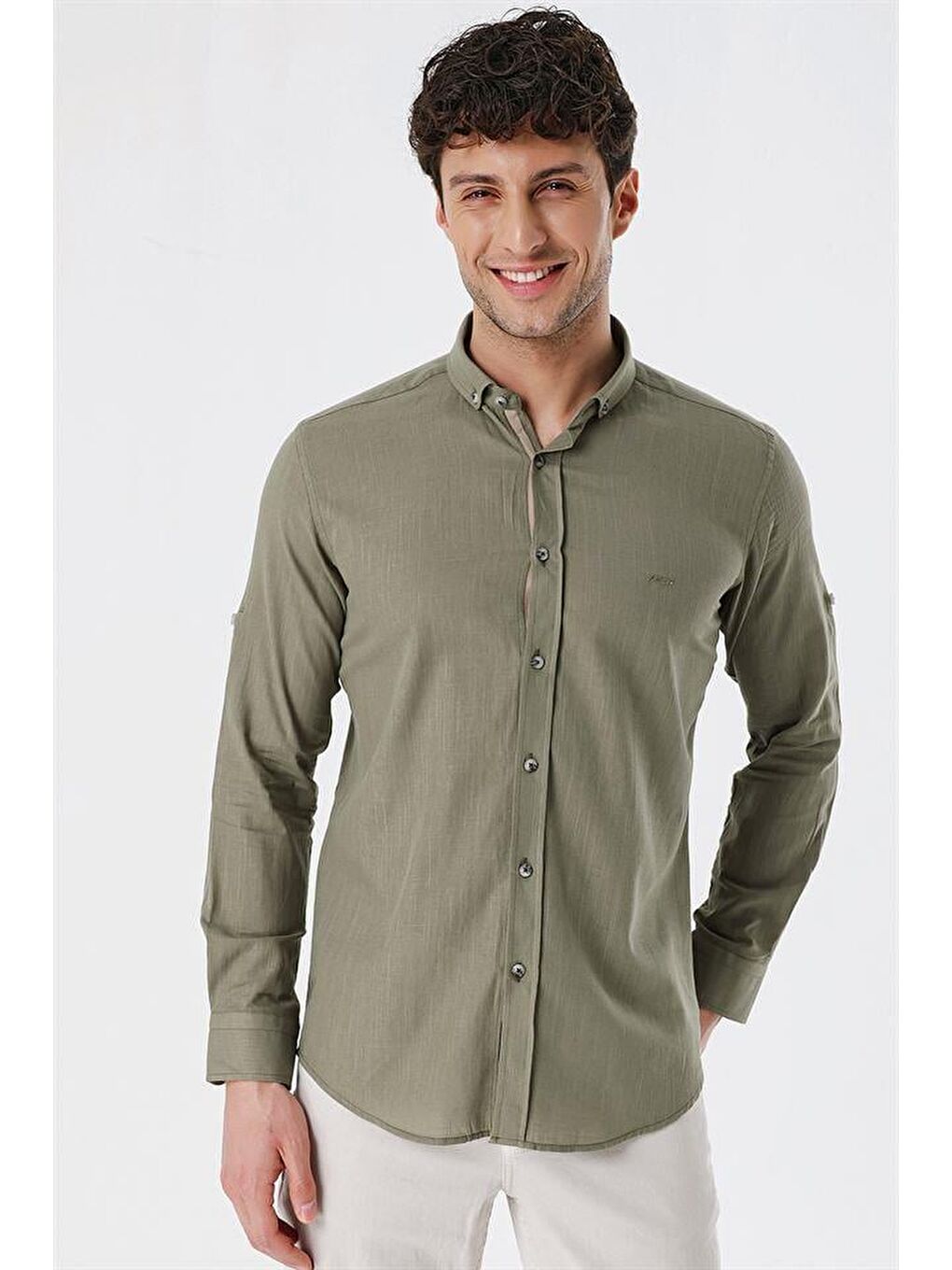 İMZA Koyu Haki Kısalabilir Kollu Cepsiz Biyeli %100 Pamuk Casual Slim Fit Dar Kesim Gömlek 1004230179