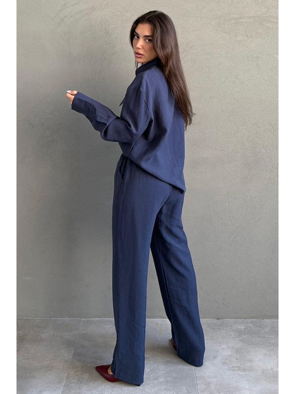 Lacivert Kumaş Düğmeli Kadın Gömlek Takım Mg2621-5