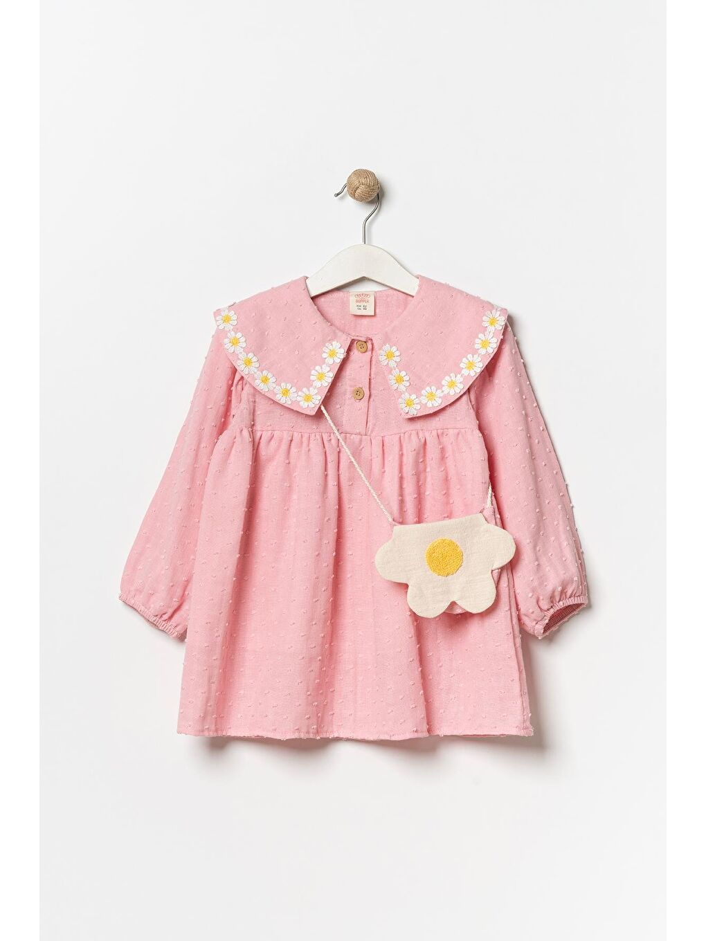 Kız Çocuk Pamuklu Pembe Papatya Nakışlı Elbise - Çantalı-1