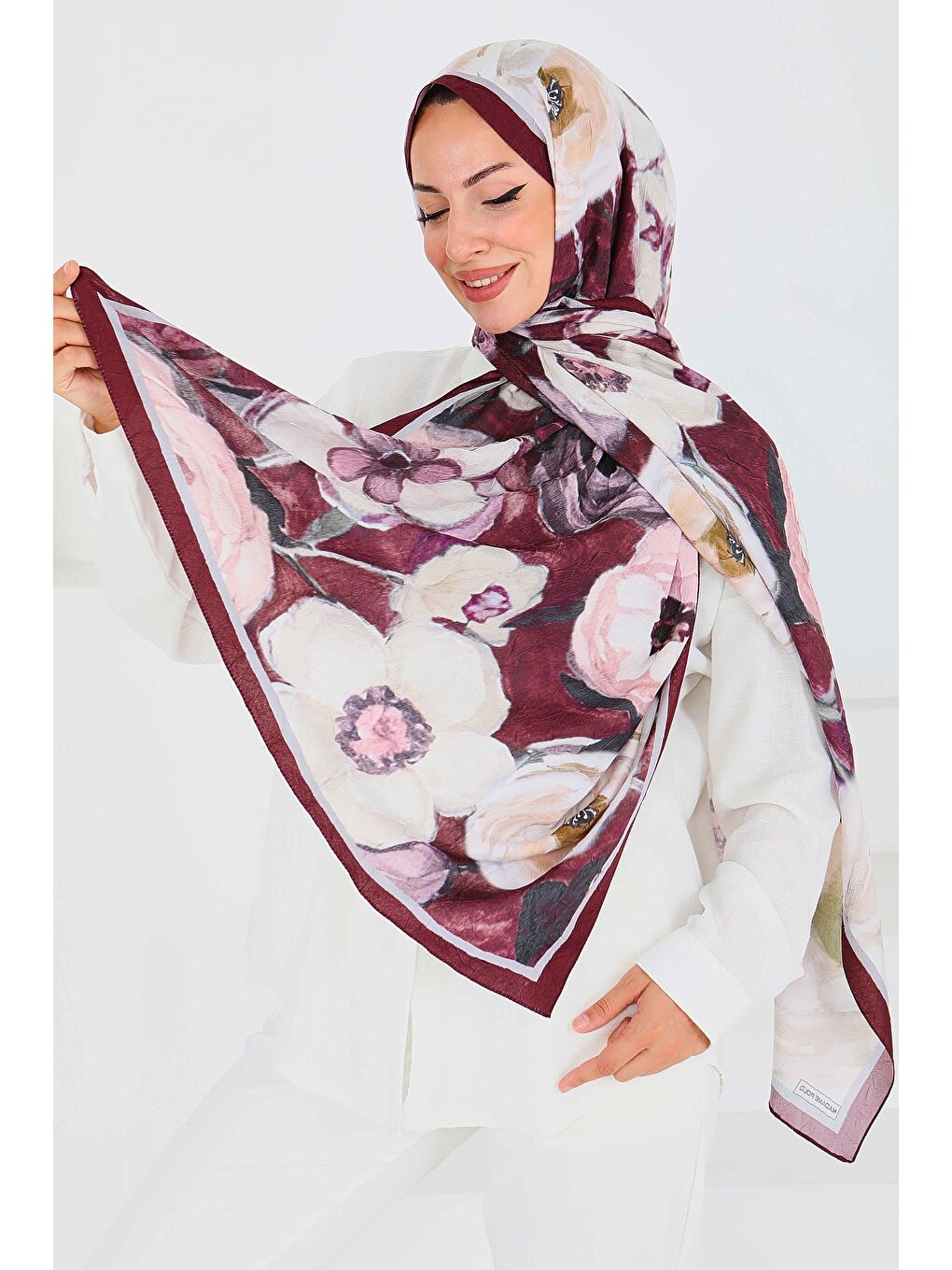 Desenli Bambu Kare Şal Mürdüm - 27523-1