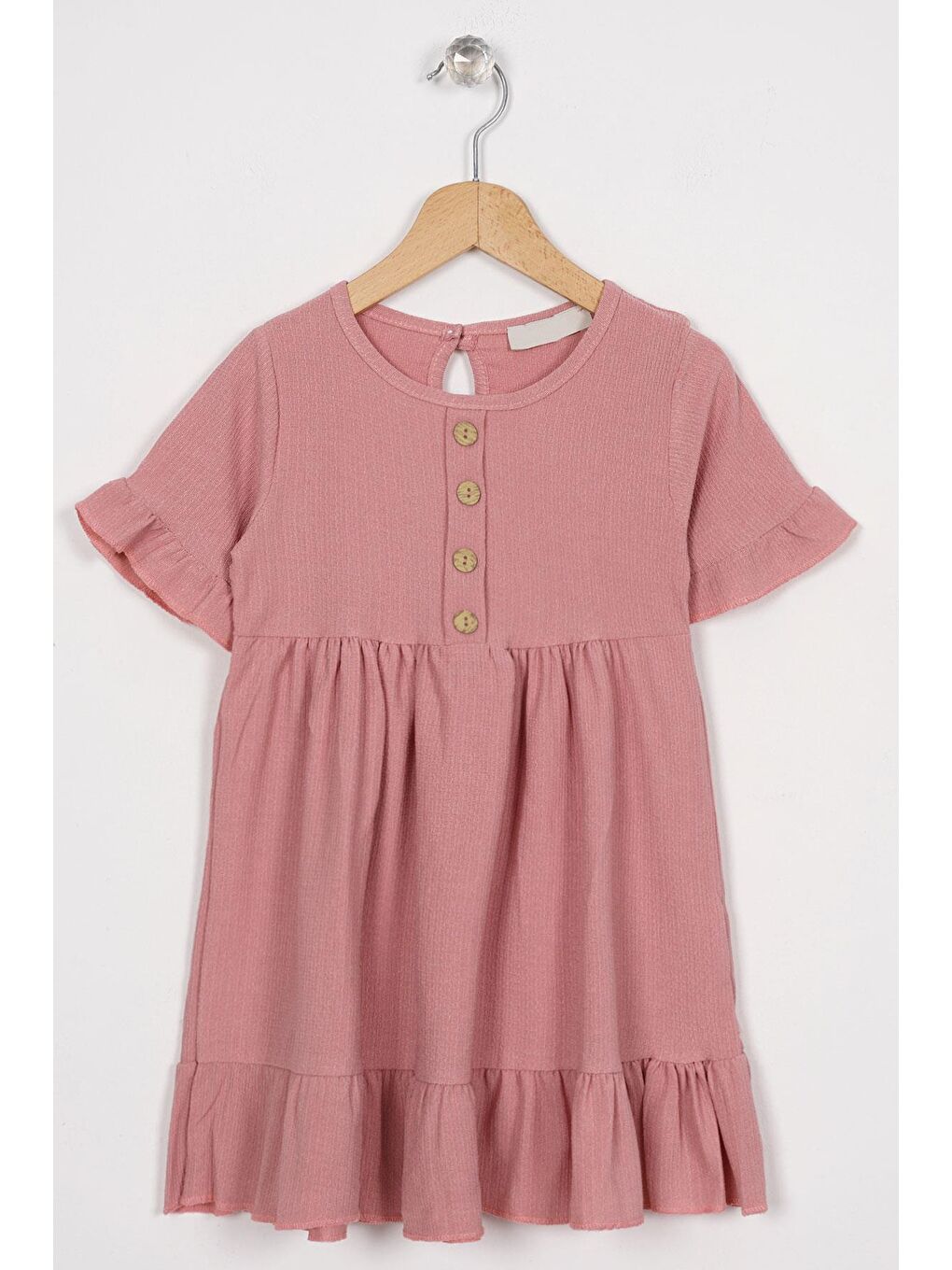 Pembe Bisiklet Yaka Kısa Kol Fırfırlı Düğmeli Gül Kurusu Renk Kız Çocuk Elbise