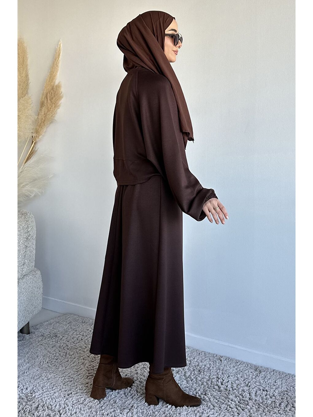 Kahverengi Bisiklet Yaka Bluz Bel Lastikli Etek Tesettür İkili Takım-7