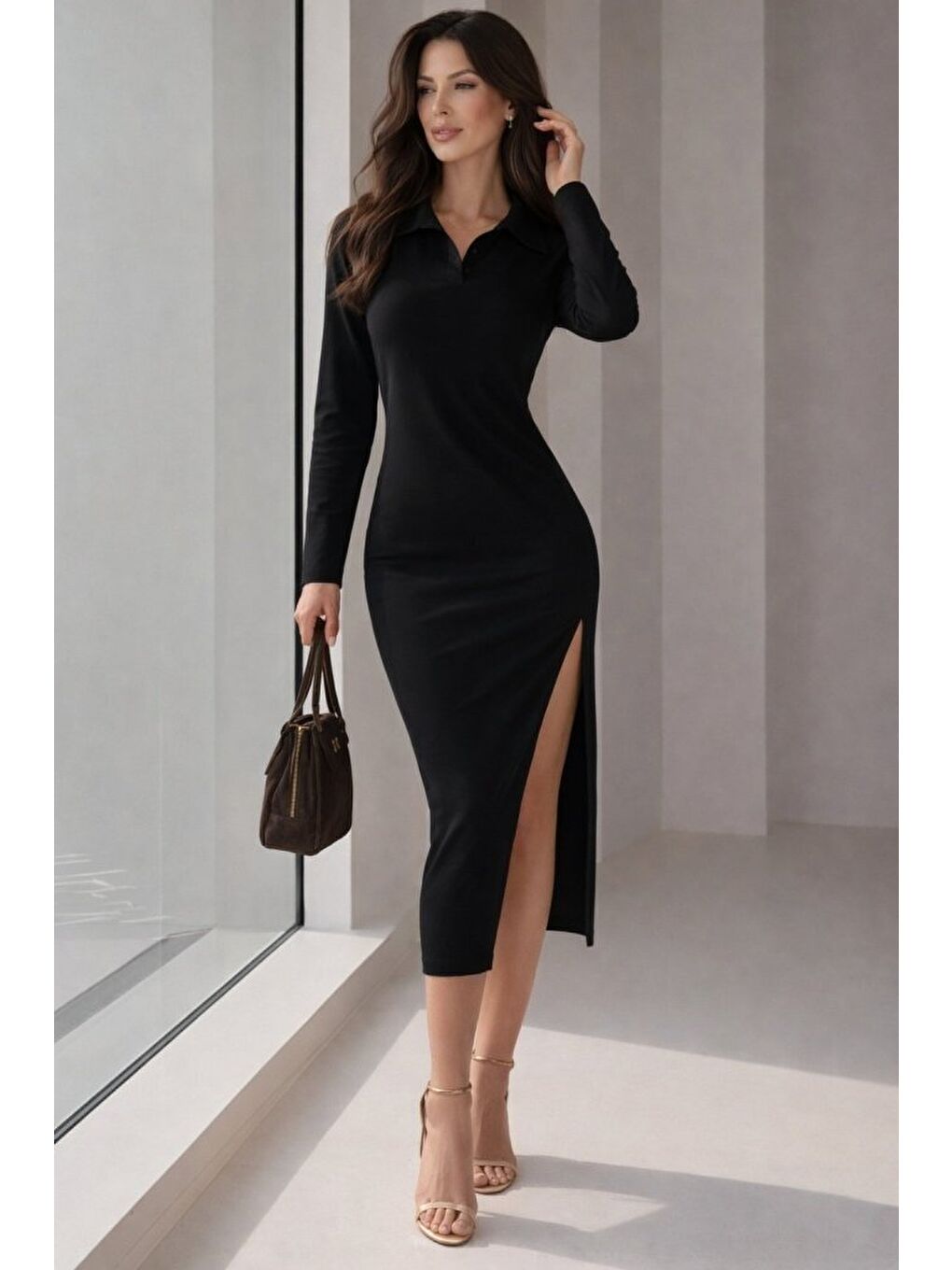 Siyah Kadın Uzun Kollu Yakalı Yandan Yırtmaçlı Midi Modal Elbise