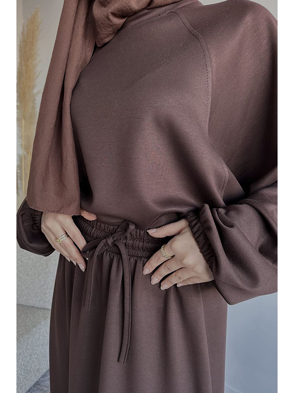 Kahverengi Bisiklet Yaka Bluz Bel Lastikli Etek Tesettür İkili Takım-8