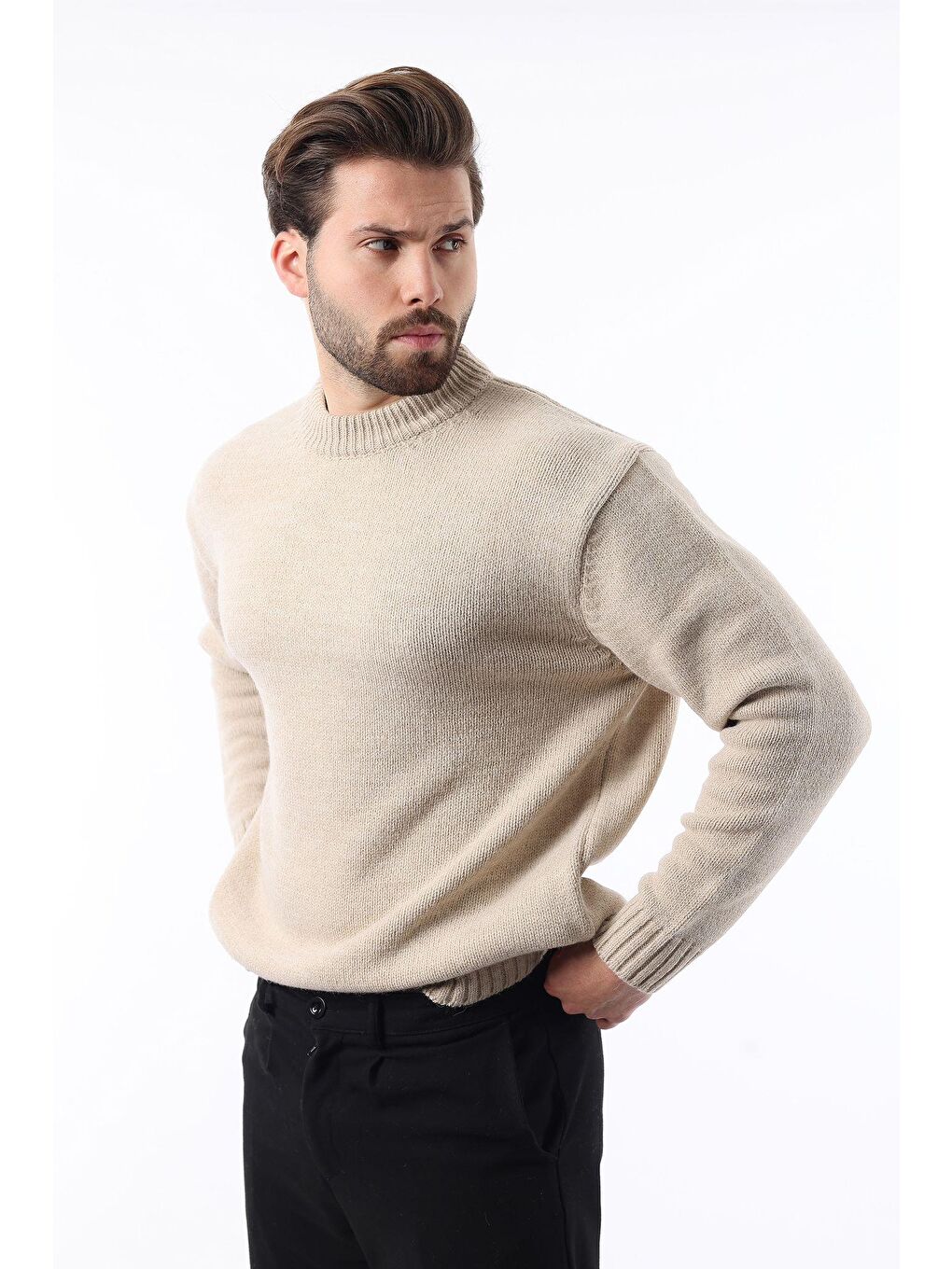 Bej Bisiklet Yaka Overfit Erkek Triko Kazak E7402-9