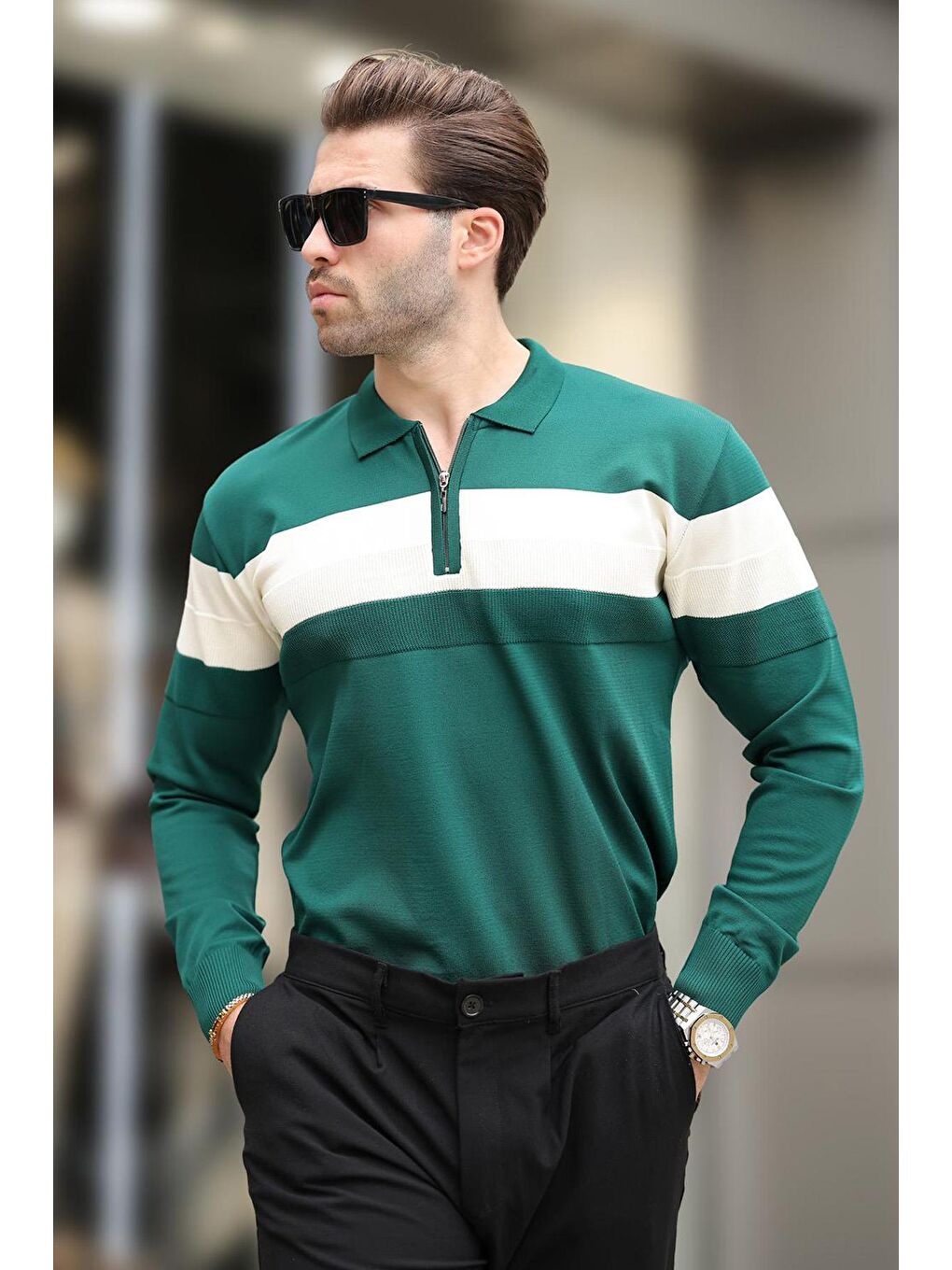 Yeşil Fermuarlı Polo Yaka Çizgili Uzun Kollu Kazak E7288-4