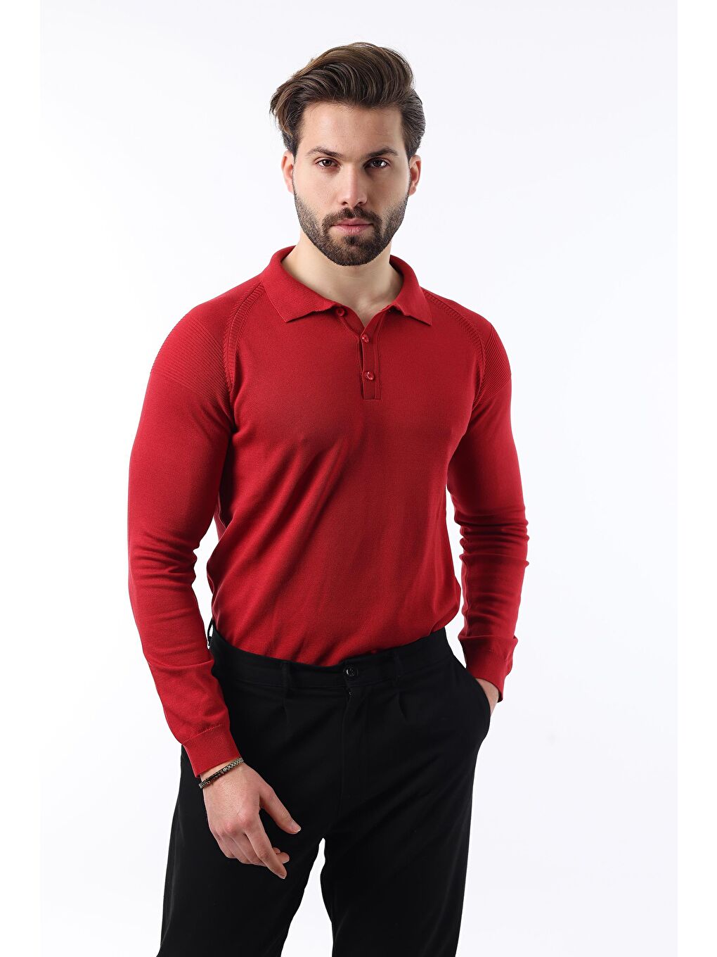 Kırmızı Polo Yaka Dokulu Uzun Kollu Kazak E7264