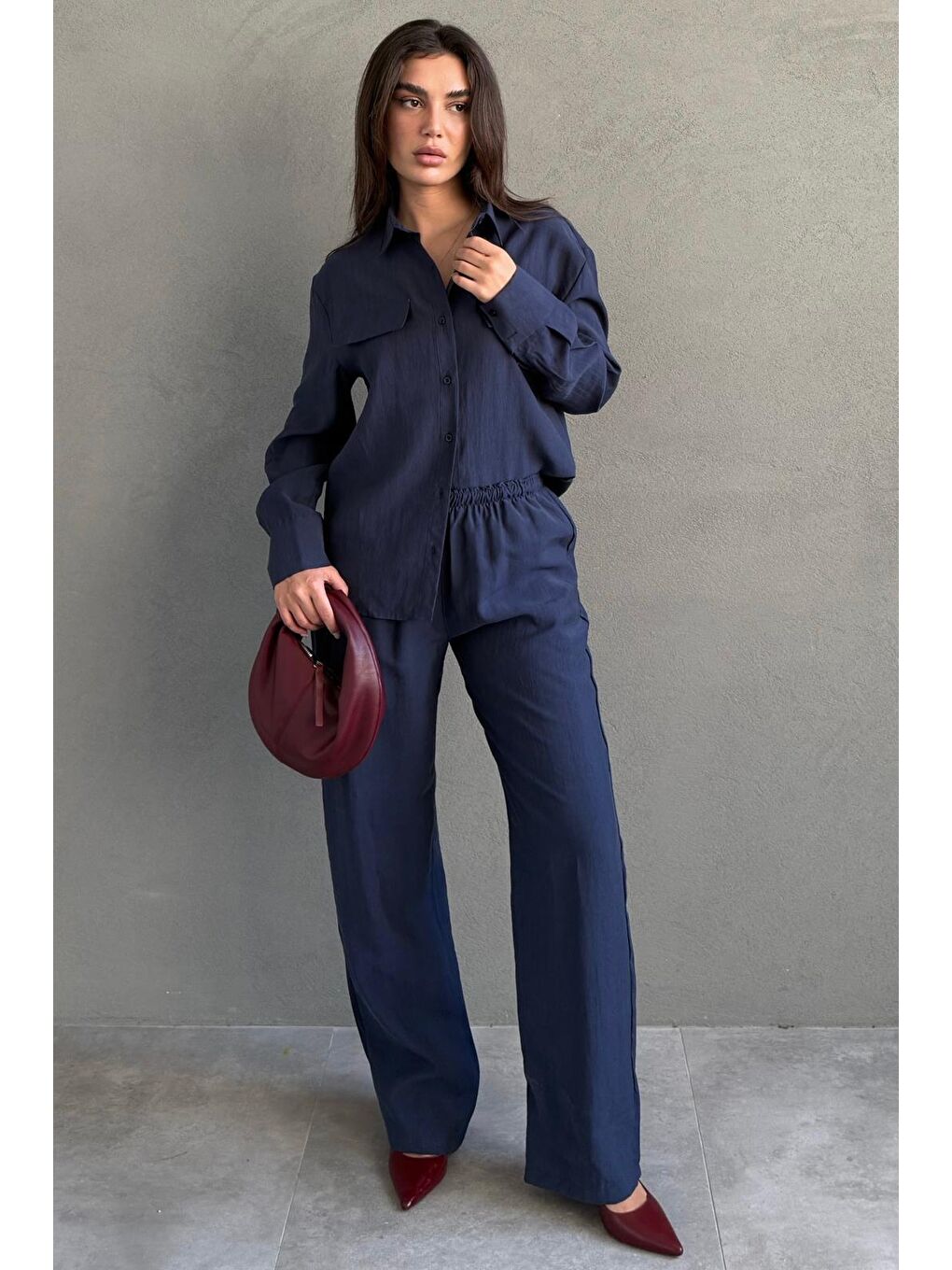 Lacivert Kumaş Düğmeli Kadın Gömlek Takım Mg2621-7