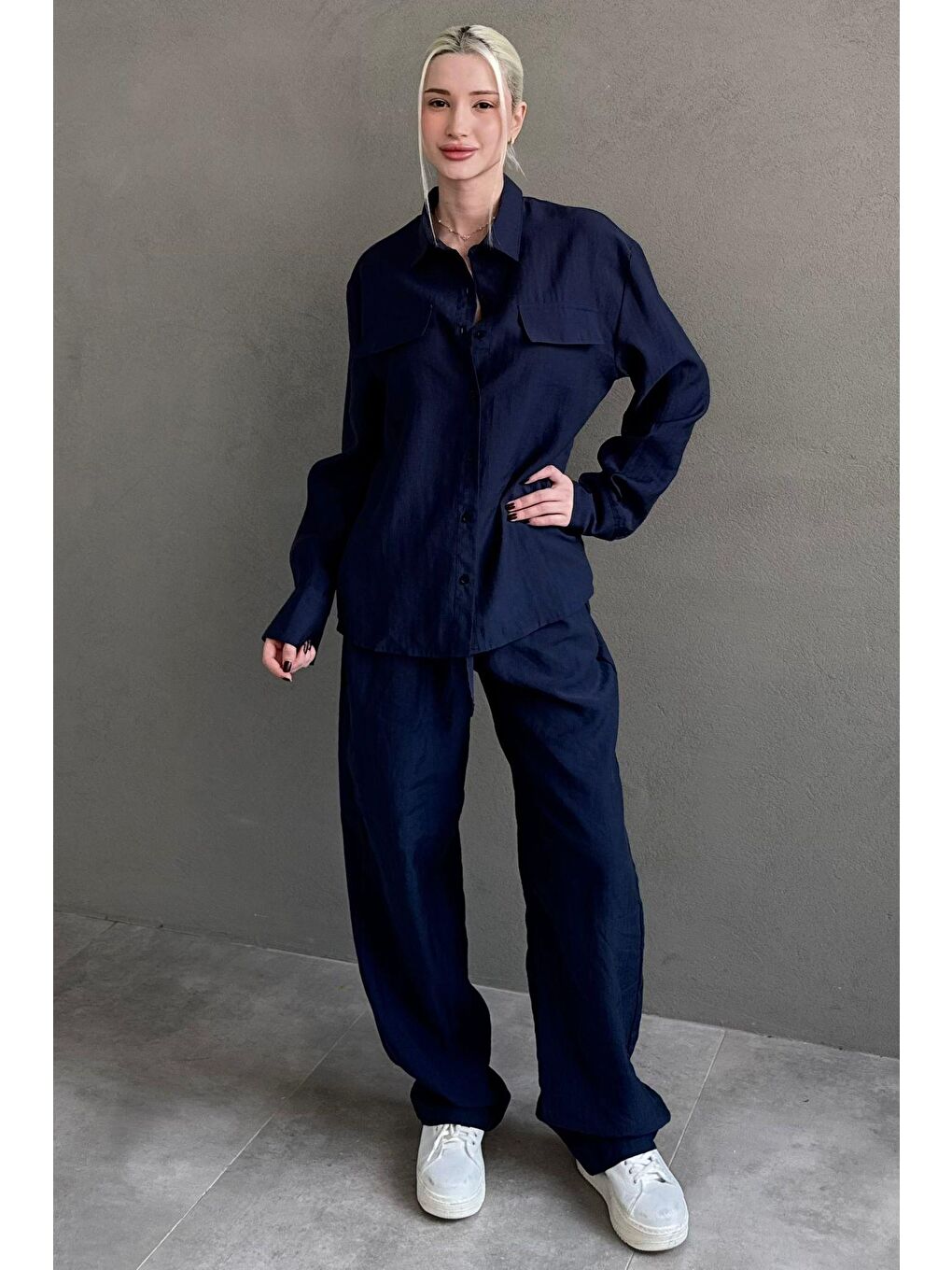 Lacivert Kumaş Düğmeli Kadın Gömlek Takım Mg2621-8