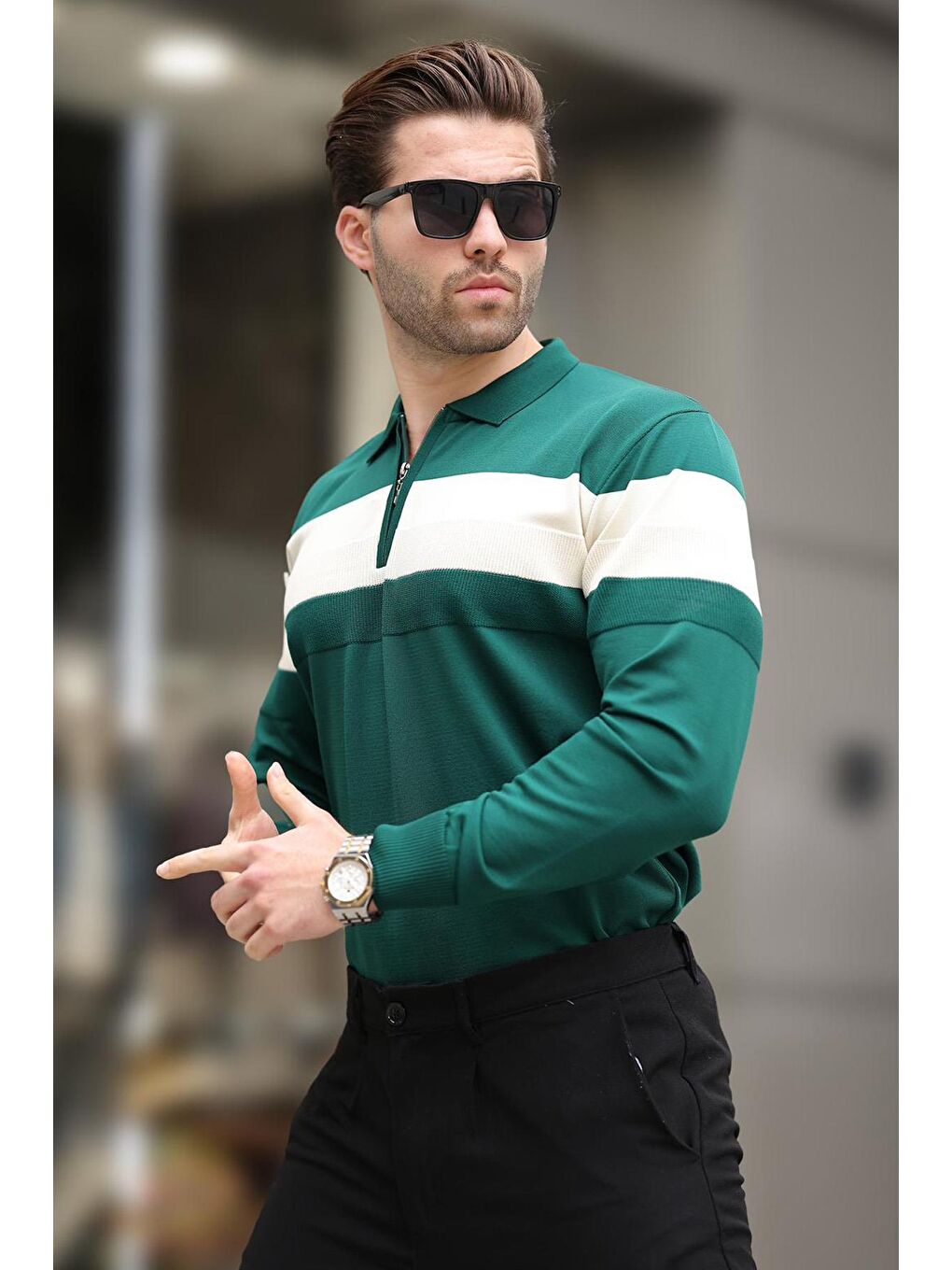 Yeşil Fermuarlı Polo Yaka Çizgili Uzun Kollu Kazak E7288-5