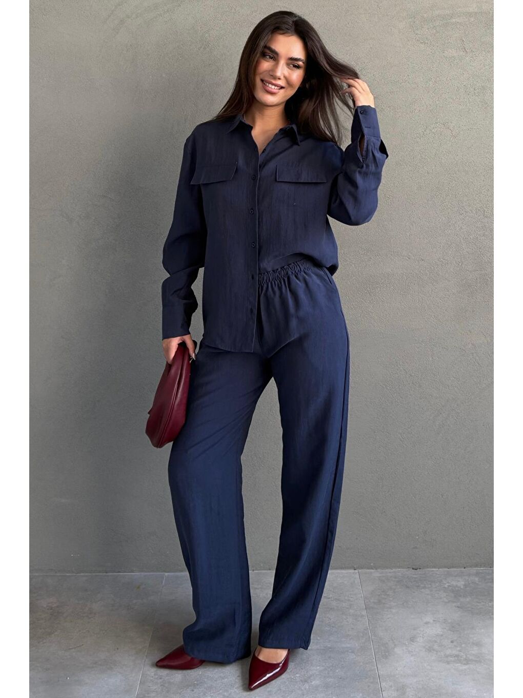Lacivert Kumaş Düğmeli Kadın Gömlek Takım Mg2621-9
