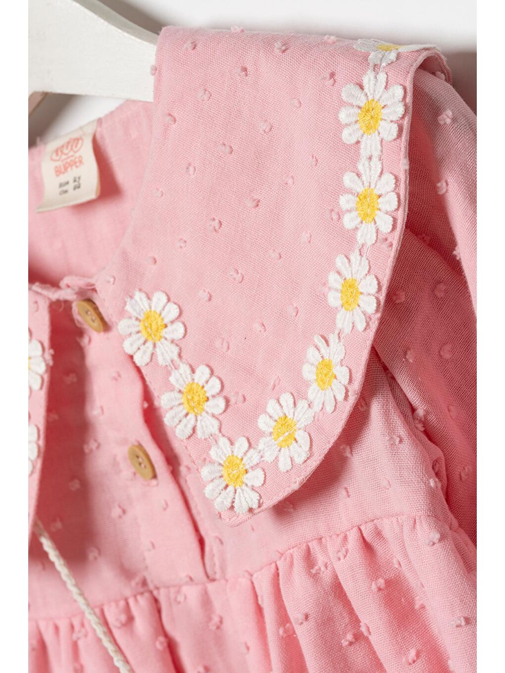 Kız Çocuk Pamuklu Pembe Papatya Nakışlı Elbise - Çantalı-4