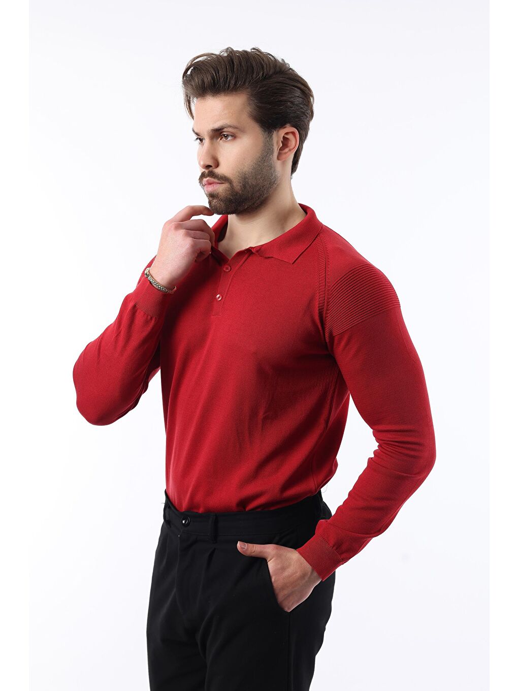 Kırmızı Polo Yaka Dokulu Uzun Kollu Kazak E7264-1