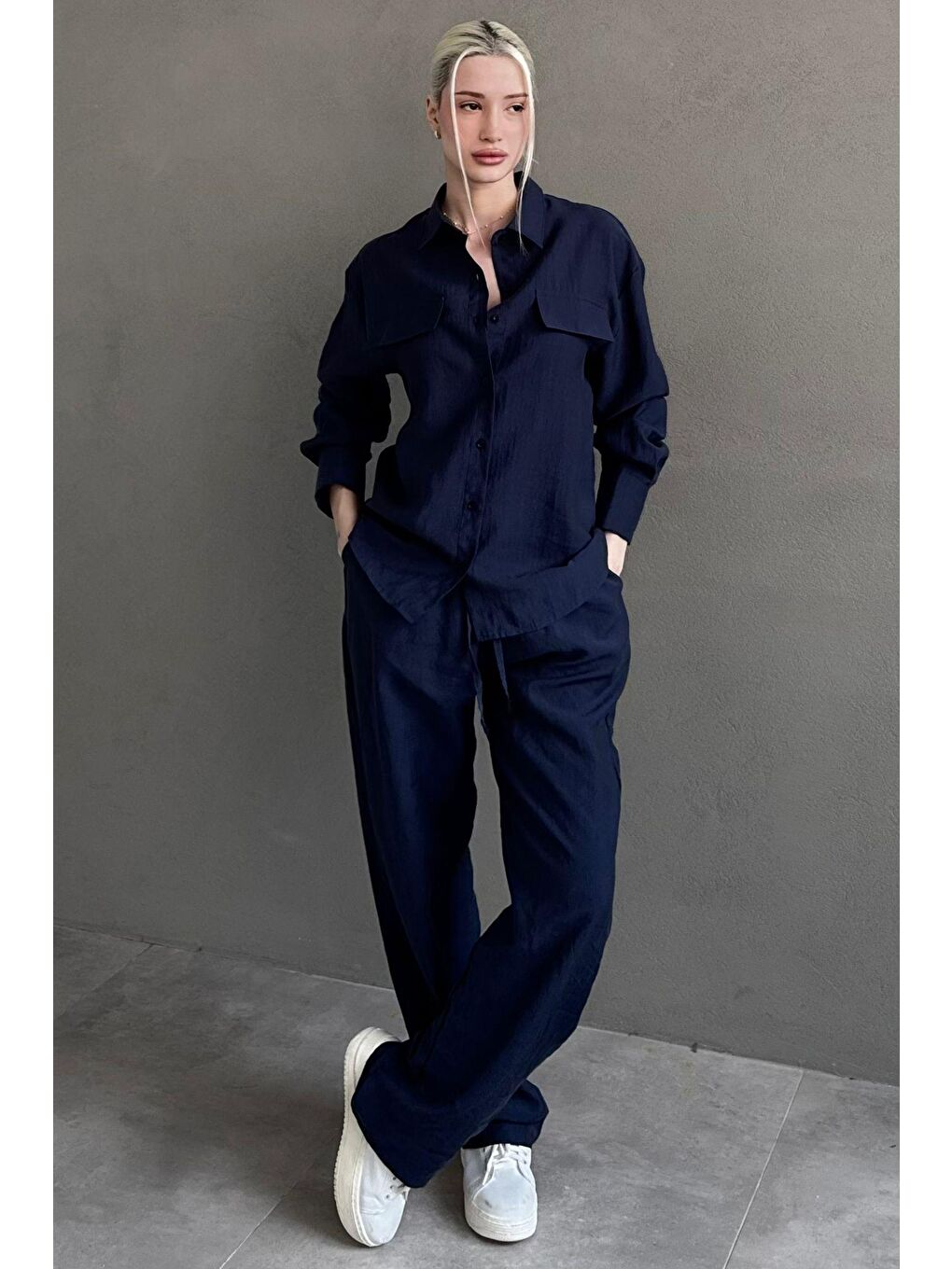 Lacivert Kumaş Düğmeli Kadın Gömlek Takım Mg2621