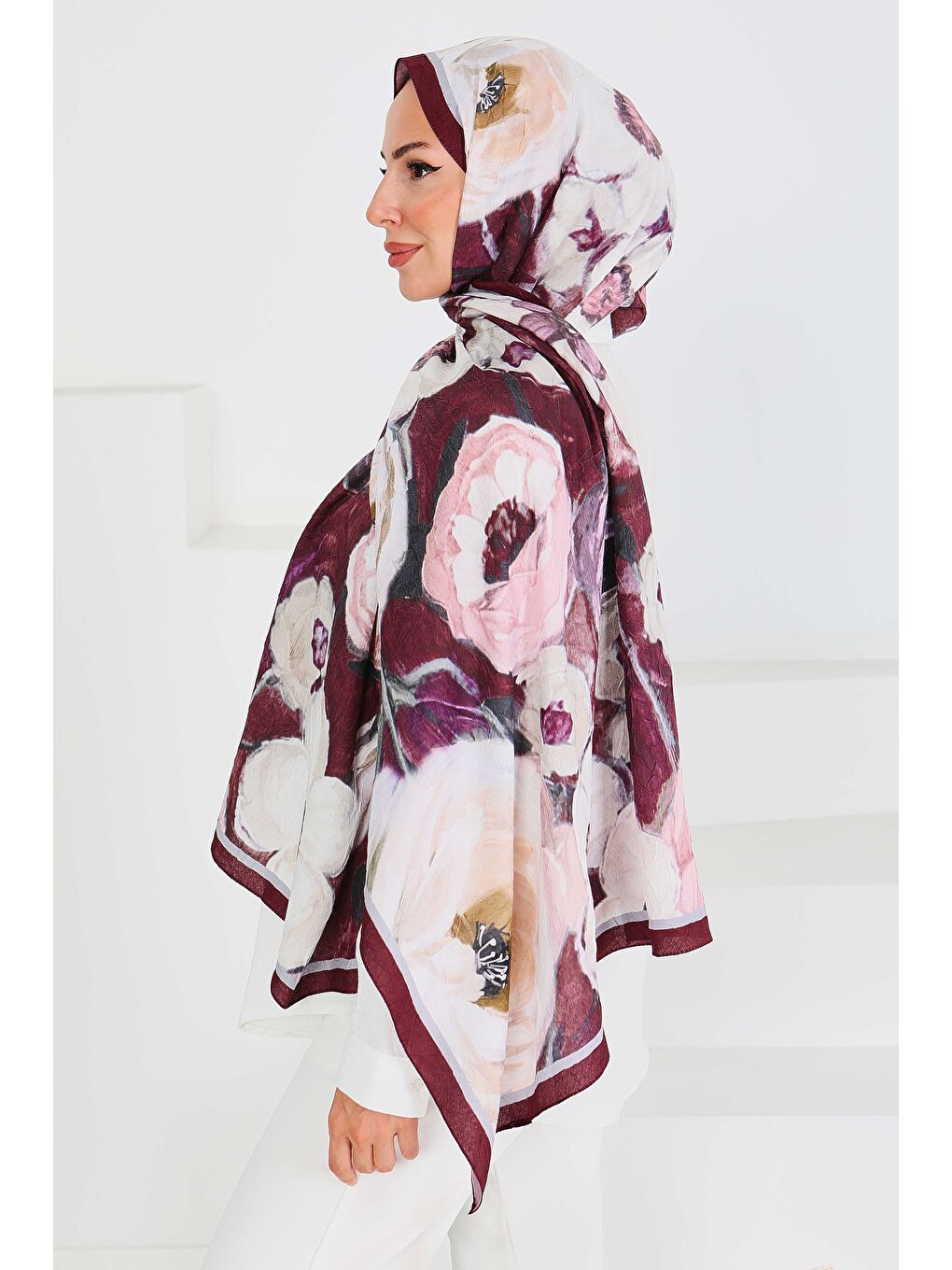 Desenli Bambu Kare Şal Mürdüm - 27523-2