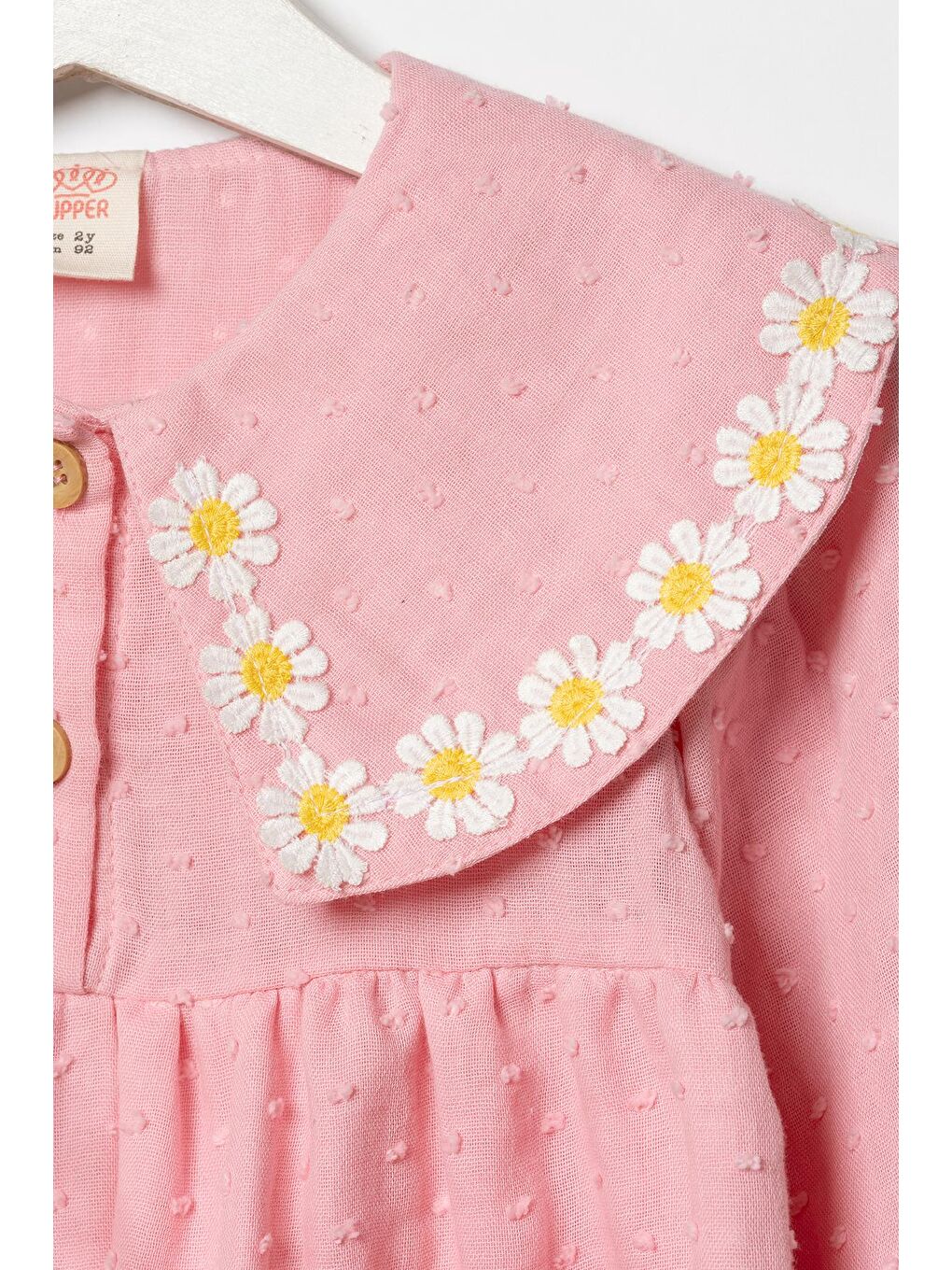 Kız Çocuk Pamuklu Pembe Papatya Nakışlı Elbise - Çantalı-5