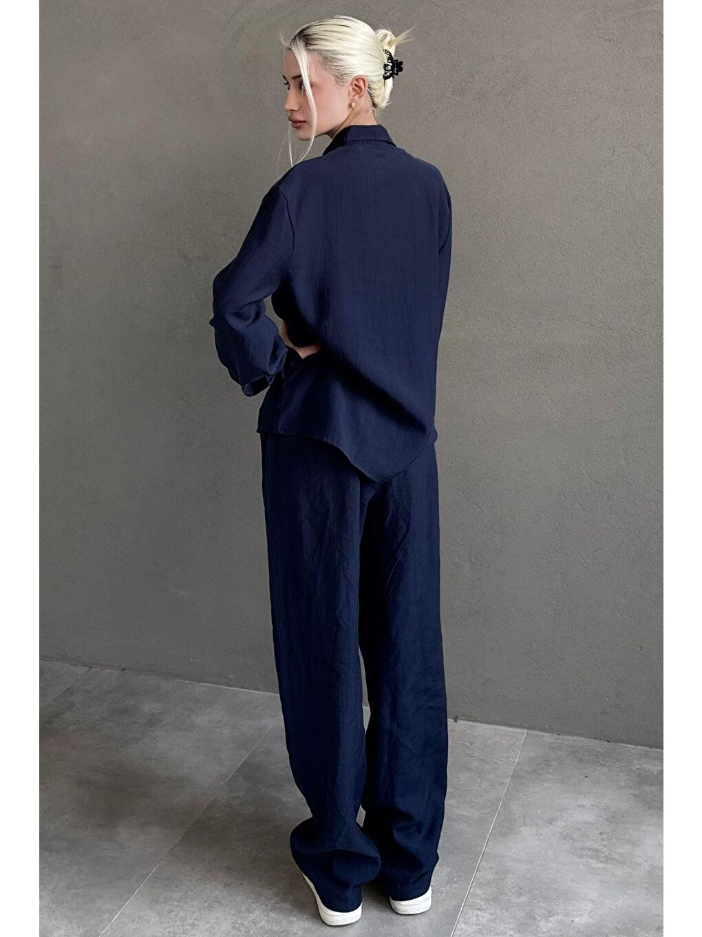 Lacivert Kumaş Düğmeli Kadın Gömlek Takım Mg2621-1