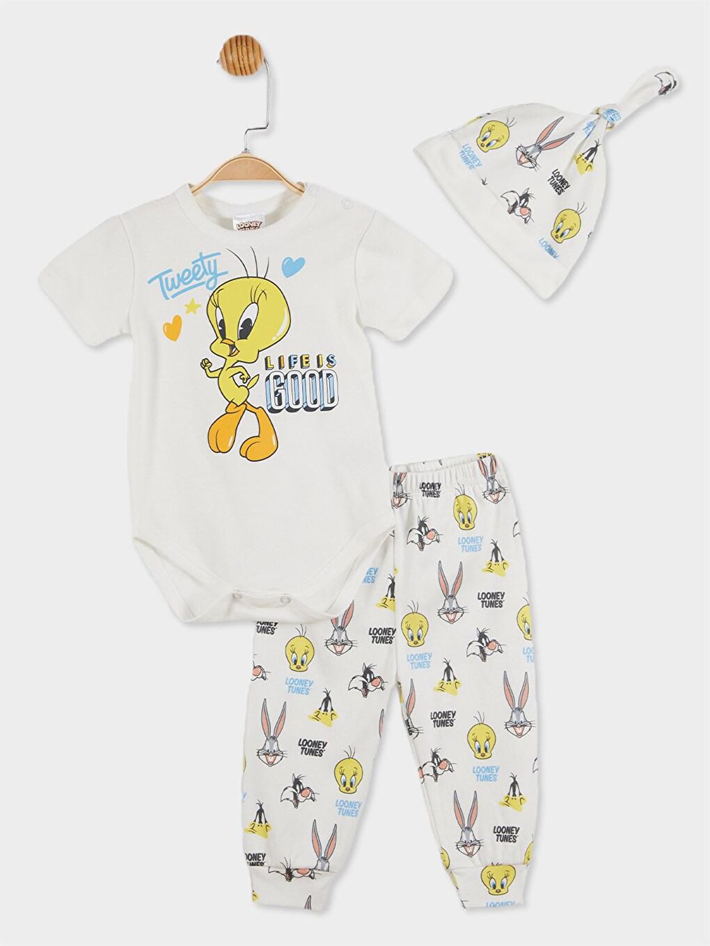 Ekru Looney Tunes Lisanslı Kız Bebek Body Alt ve Şapka 3'lü Set 20797